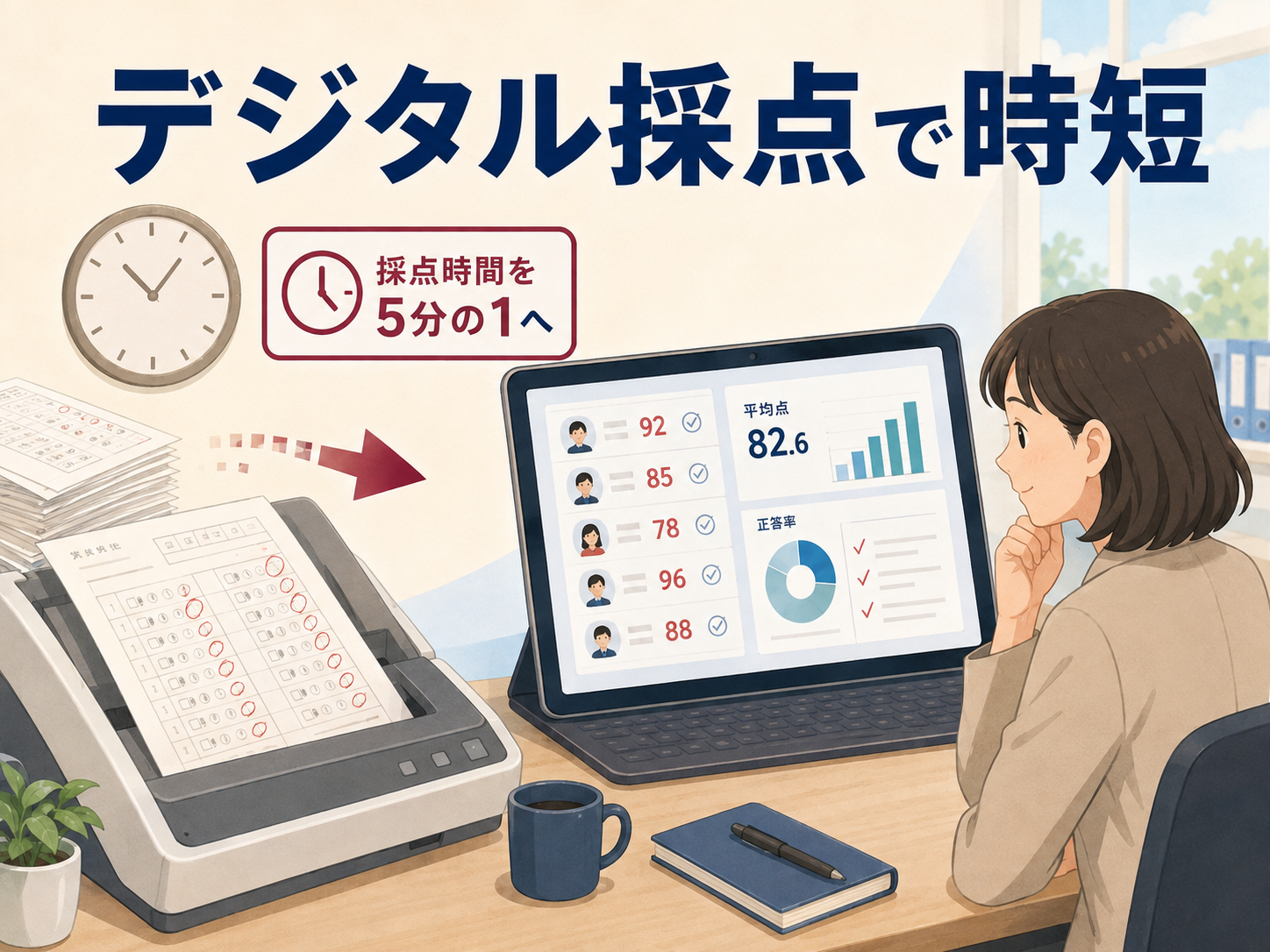 画像 紙のテスト答案を取り込みデジタル採点する教員の業務イメージ
