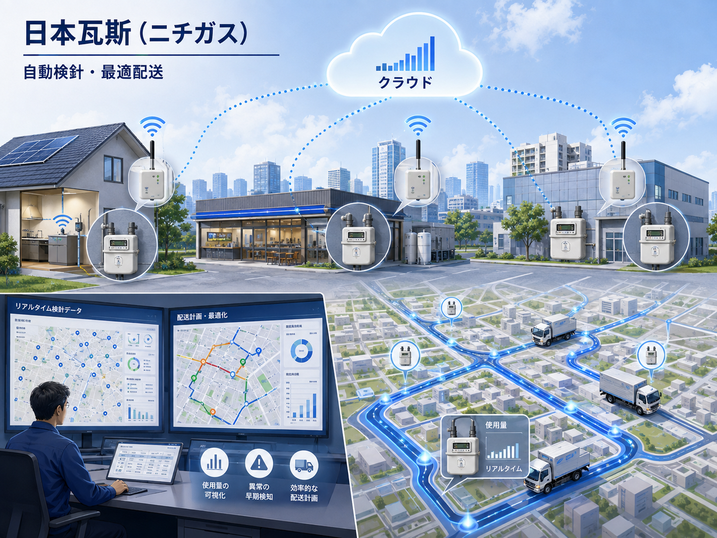 ガスメーターをオンライン化して遠隔検針するイメージ