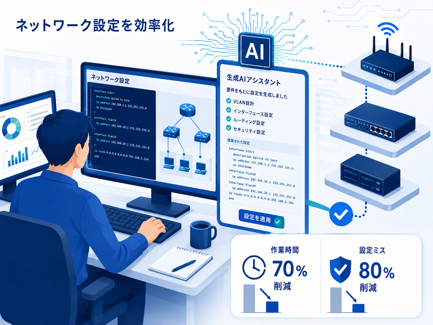 生成AIアシスタントがネットワーク設定を効率化するイメージ