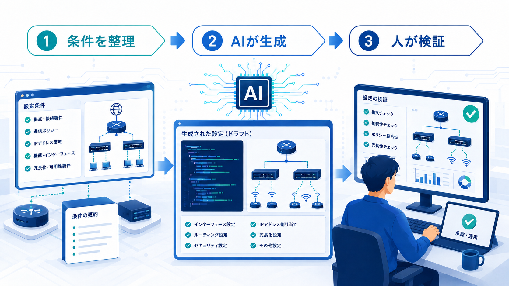 ネットワーク設定自動化フロー 条件を整理→AIが生成→人が検証