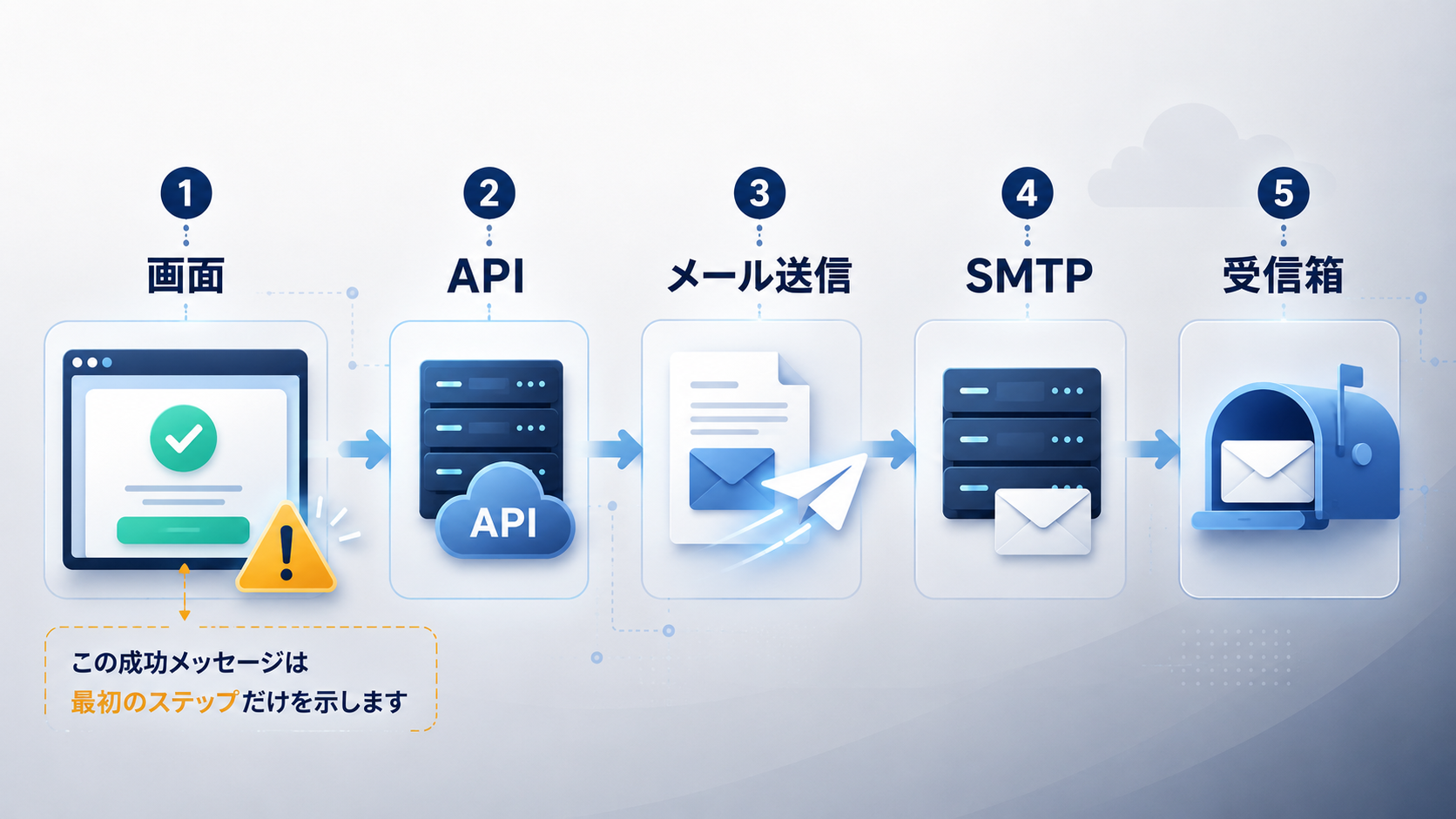 画面からAPI、メール送信処理、SMTPを経て受信箱へ届くメール送信の流れ