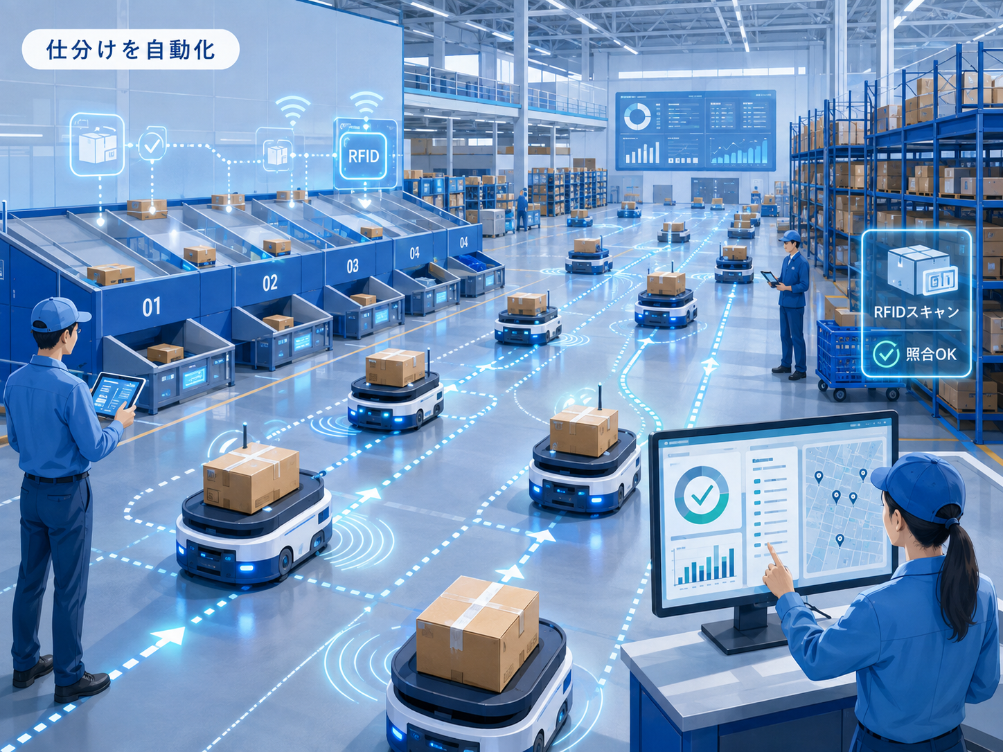画像 搬送ロボットとRFIDで倉庫内の仕分け作業を自動化するイメージ