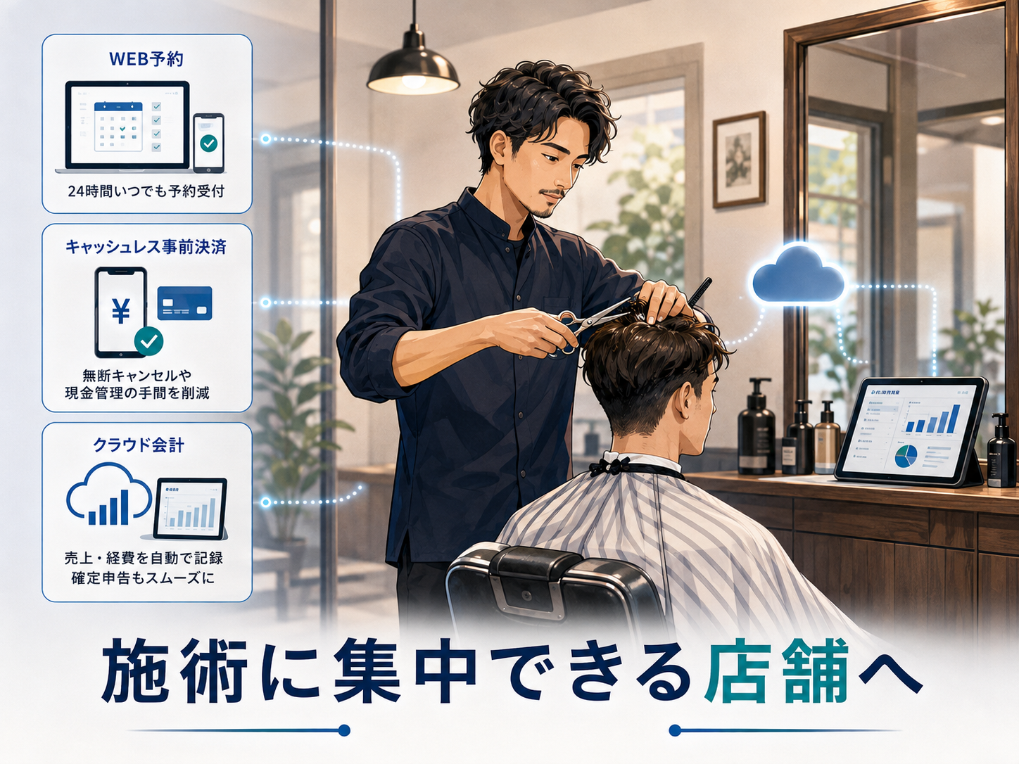 ワンオペ理容店で事務作業を減らし施術に集中するDX活用イメージ