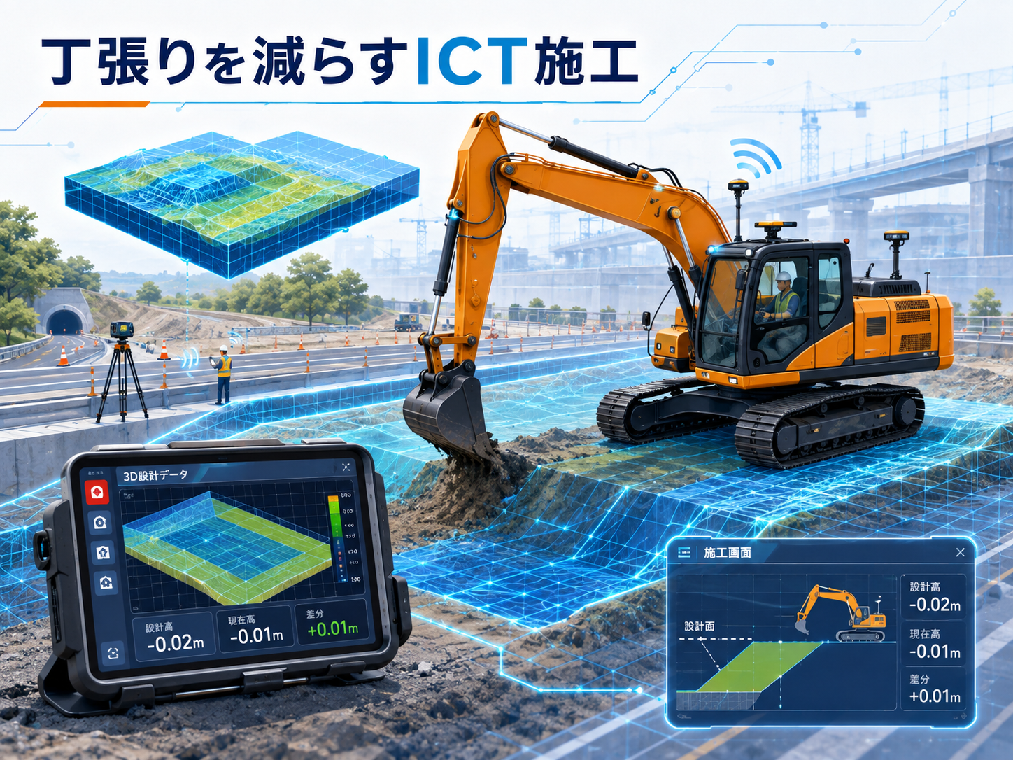 3D設計データに沿って丁張りなしで施工するICTバックホウ