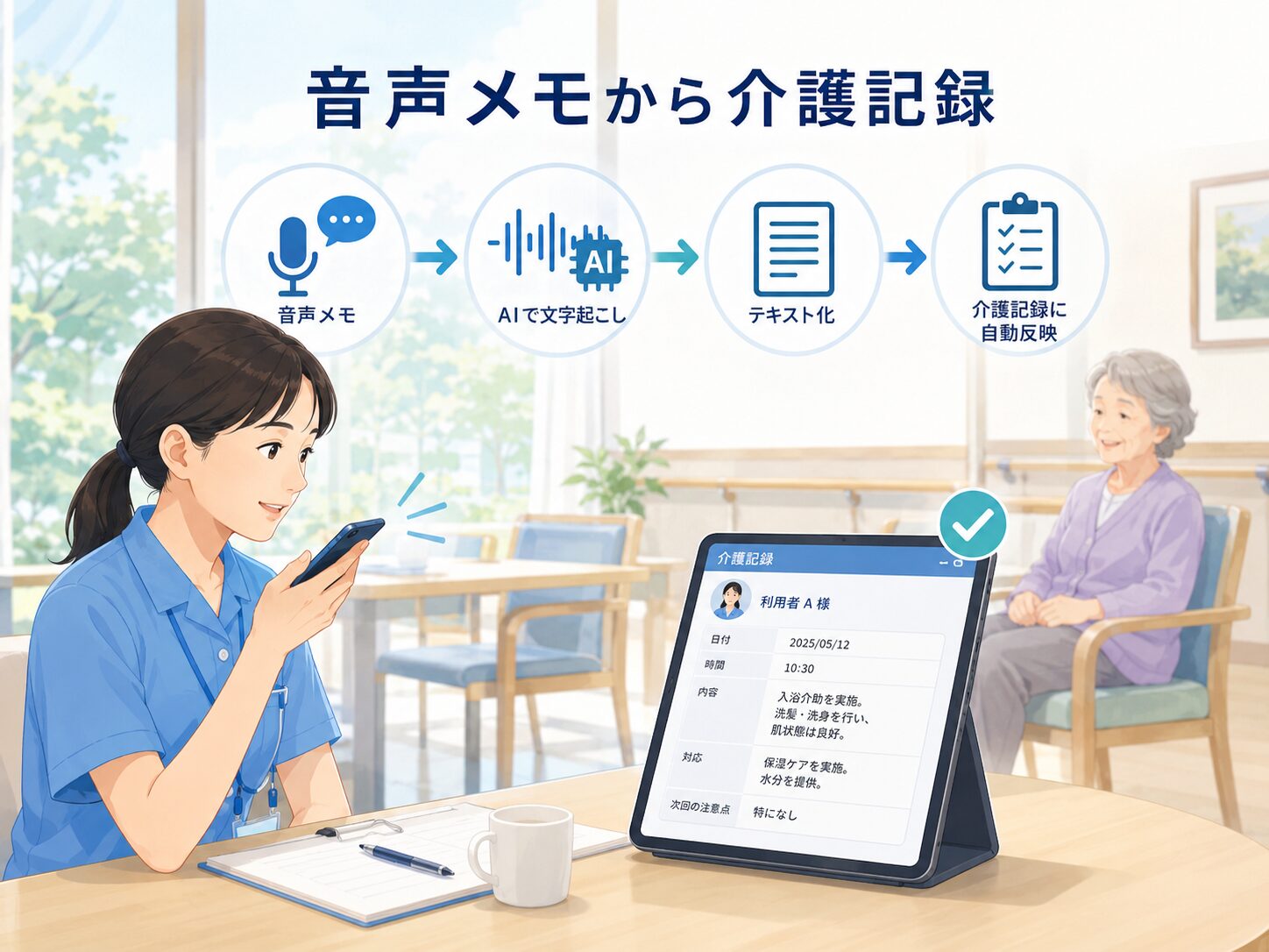 音声メモから介護記録を作成するイメージ