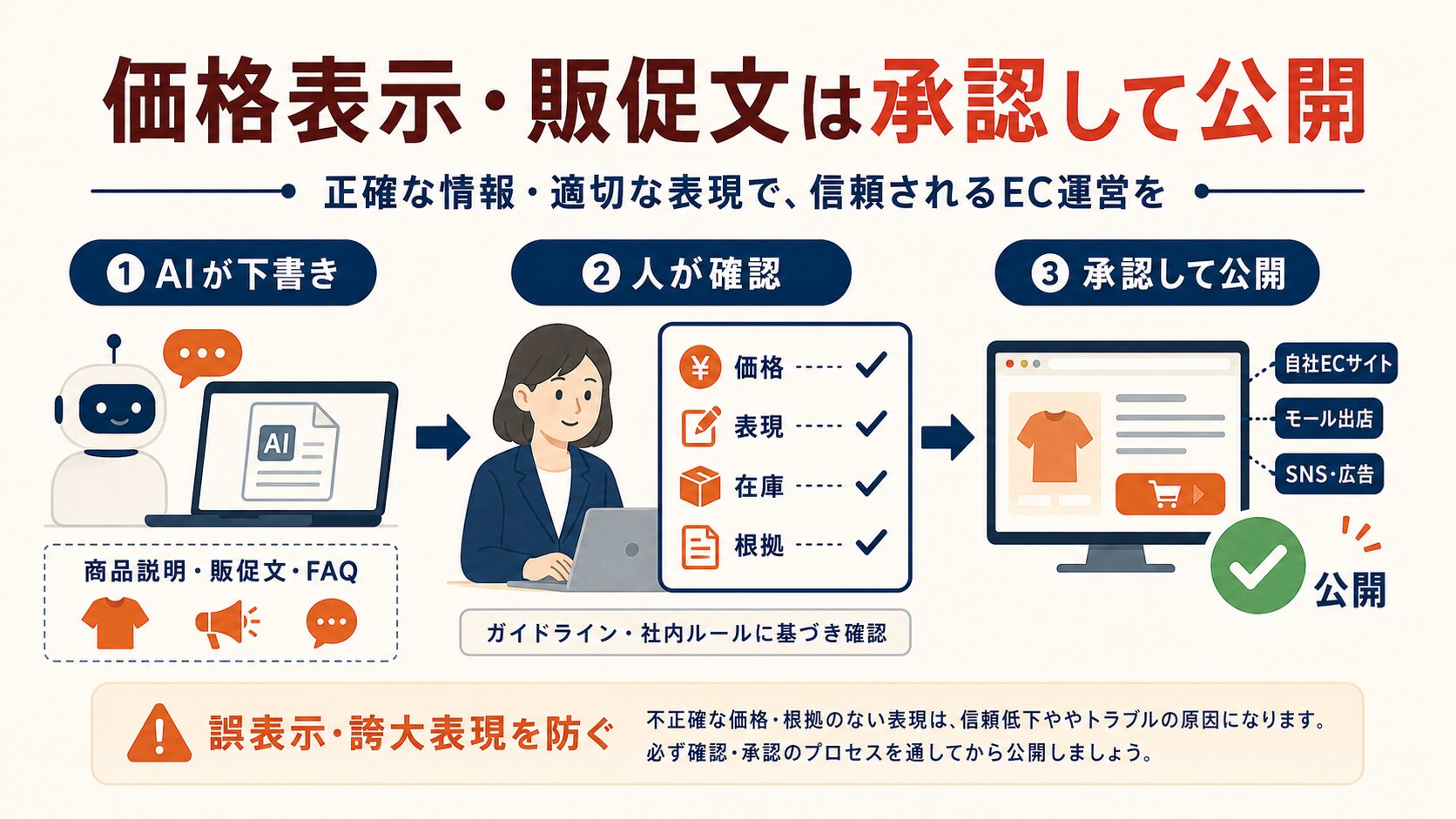 価格表示・販促文をAIが作成し人が承認して公開する業務フロー