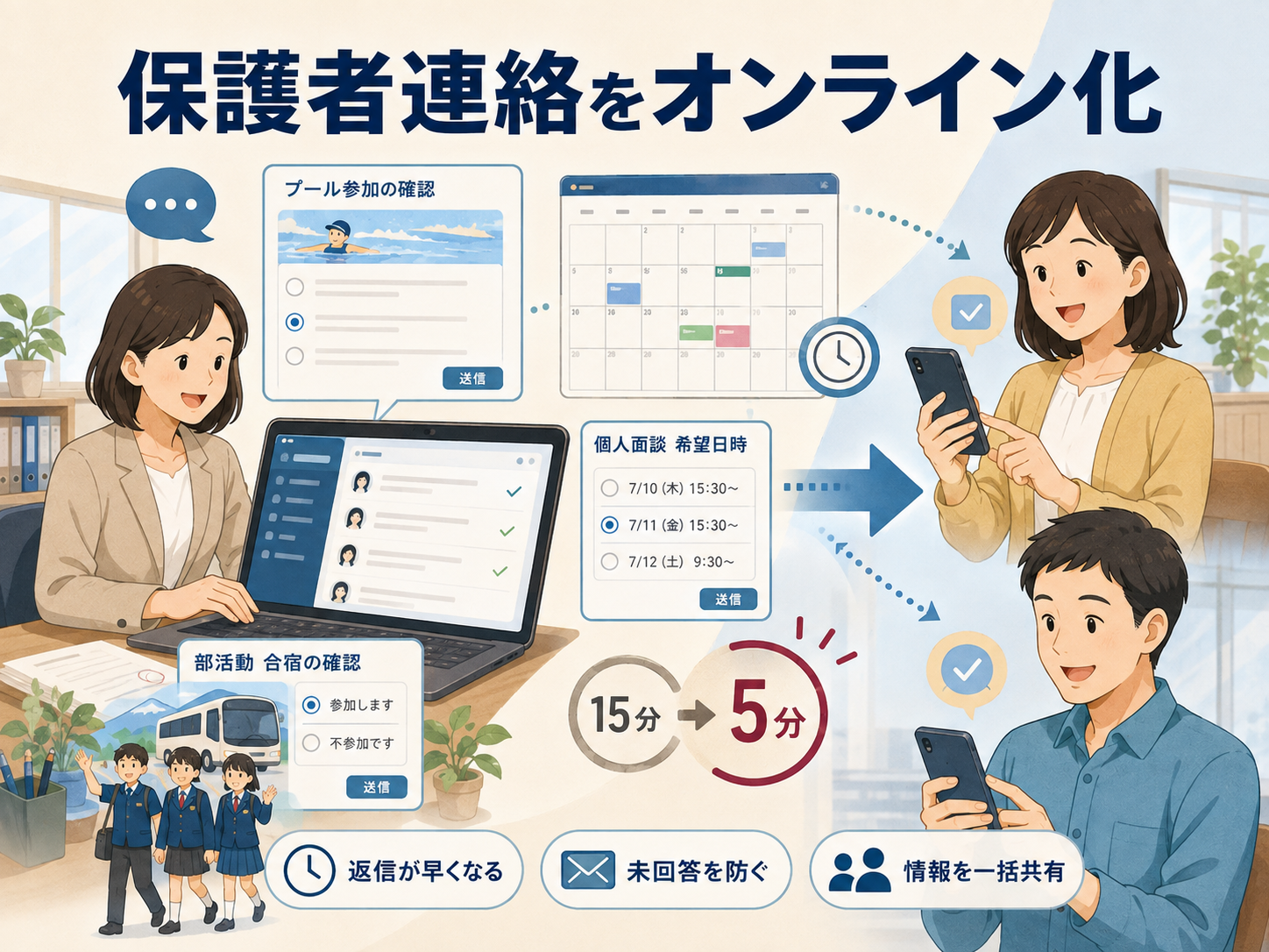 画像 保護者がスマートフォンから学校への予定確認に回答するイメージ