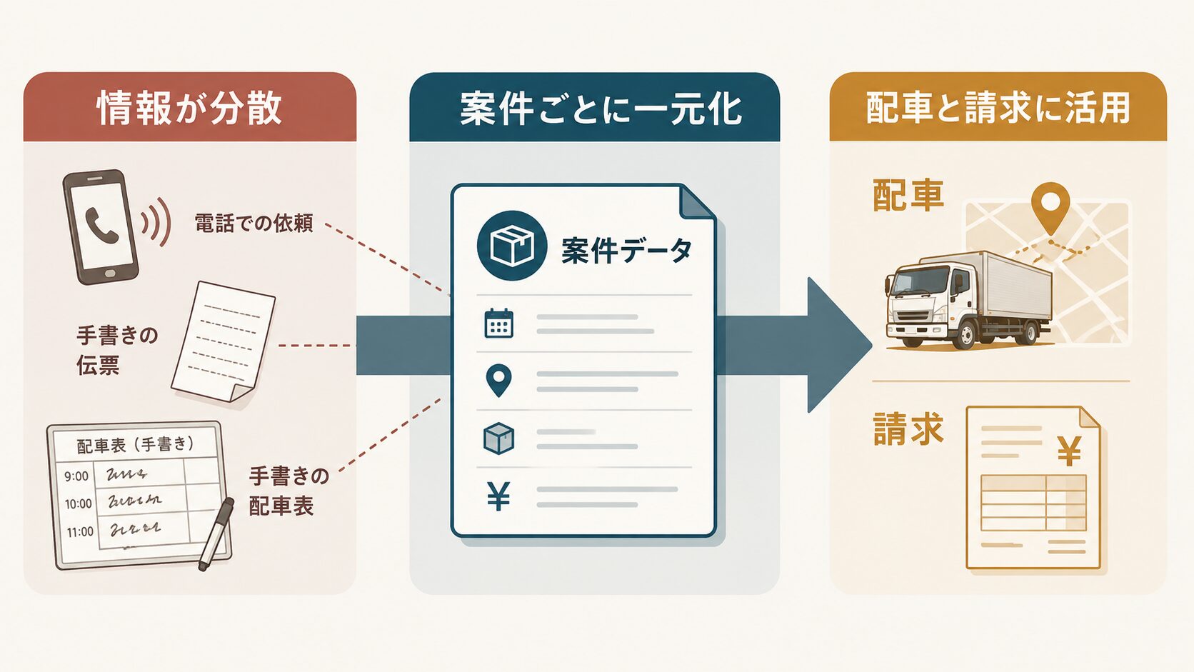 画像 電話と紙で分散した運送業務を一つの配送データへまとめる流れ