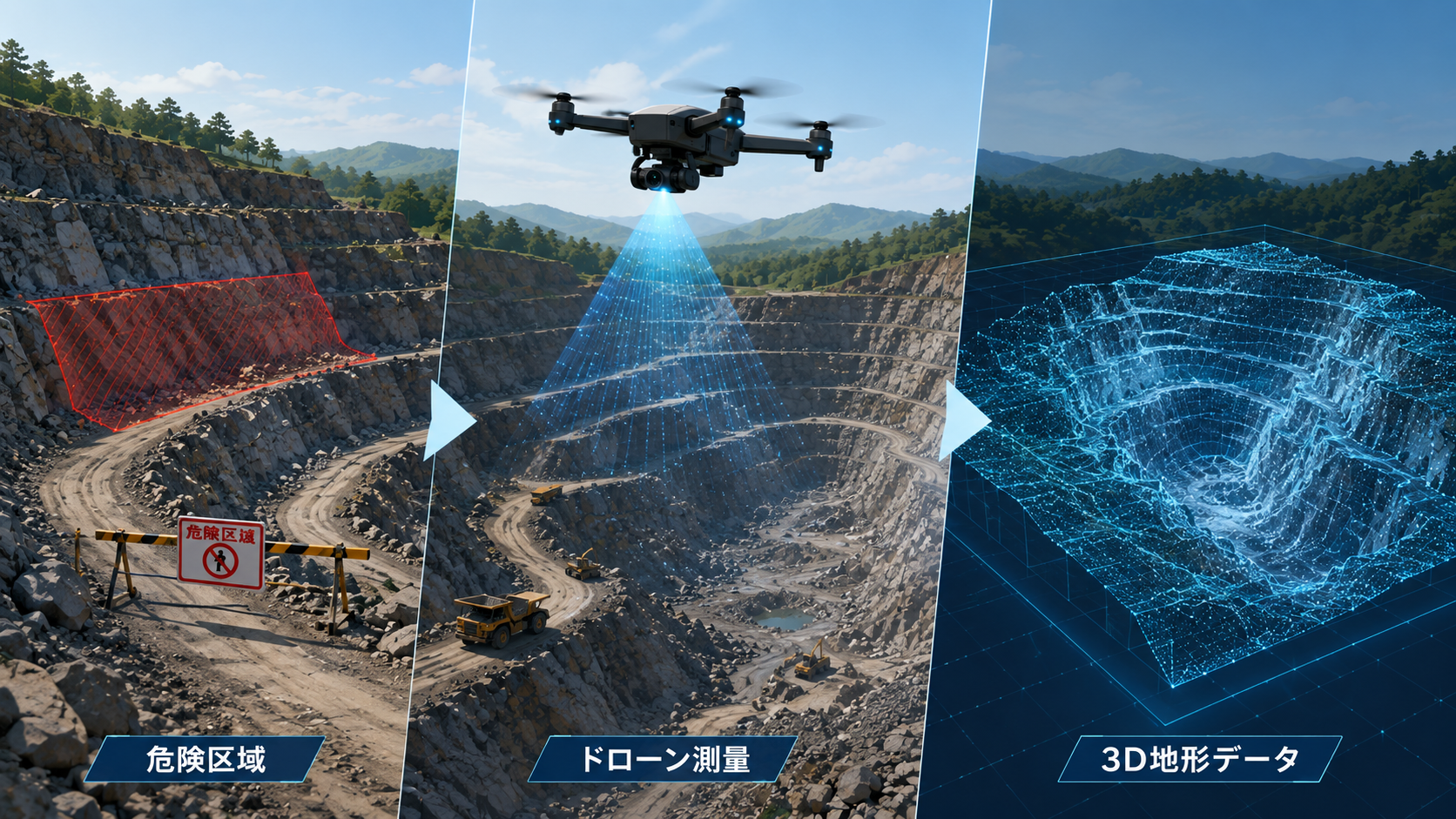 画像 危険区域へ立入 → 上空から測量 → 3D地形を取得