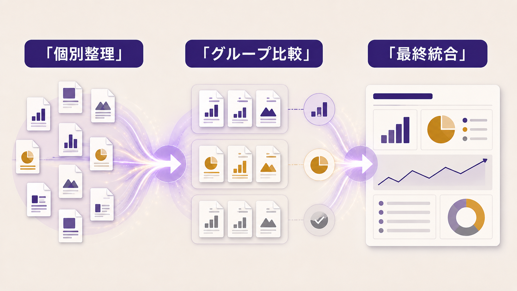 大量の複数ファイルを段階的に整理して最終分析する流れ