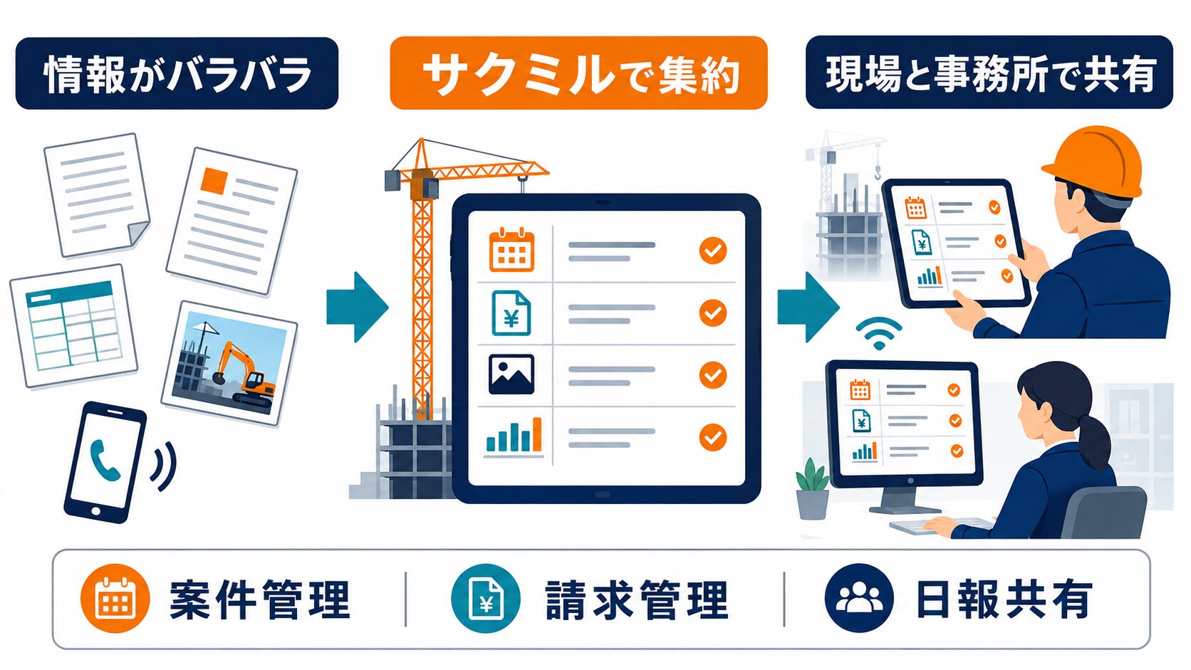 建設業の分散した情報をサクミルで一元管理する流れ