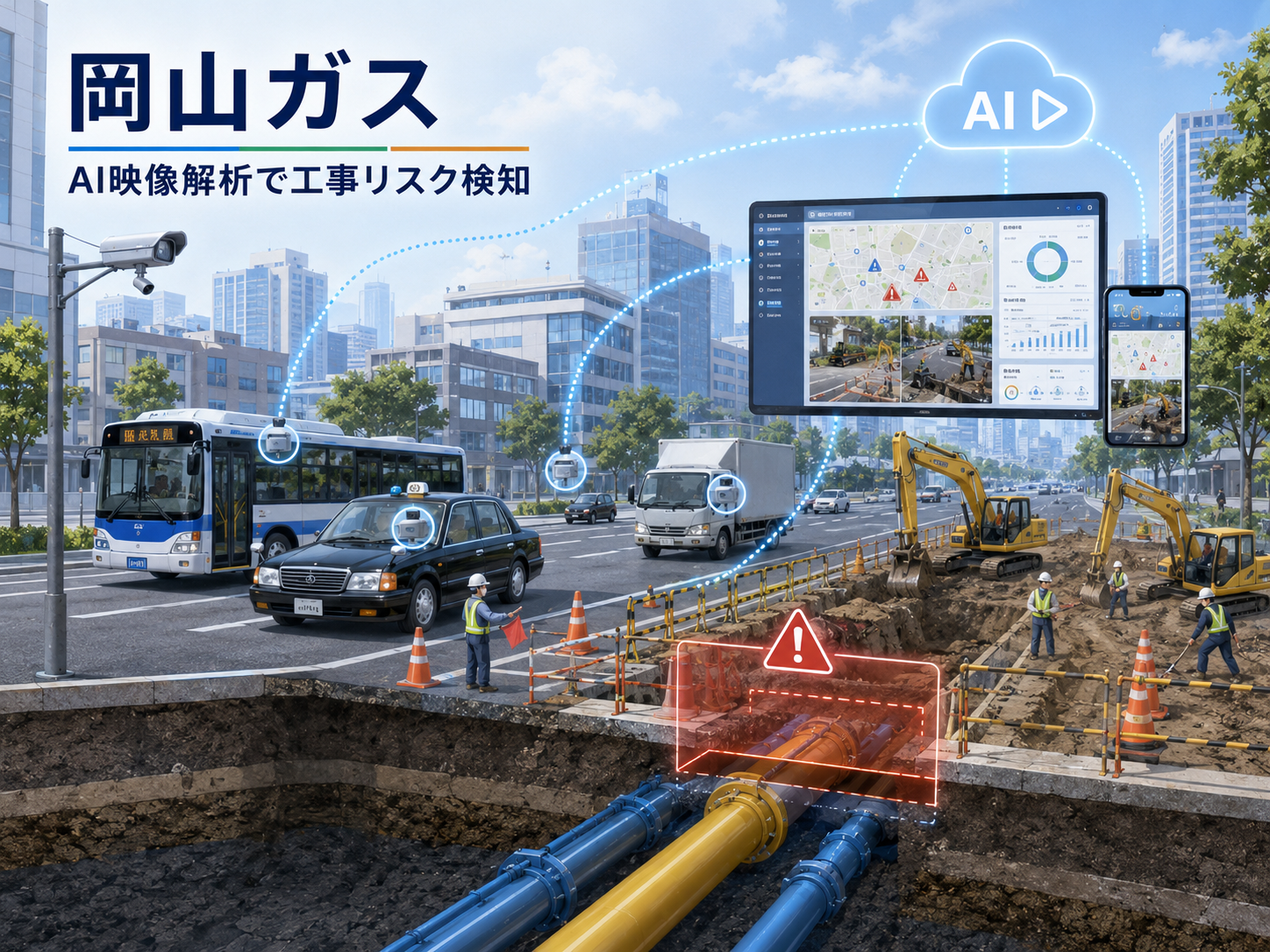 車載映像から道路工事をAIで検知するガス保安のイメージ