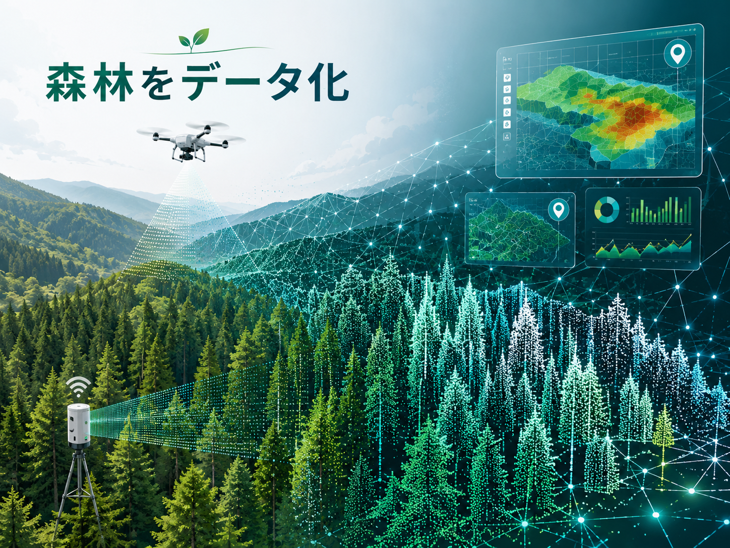 航空レーザー測量の3次元点群データとGISで森林をデータ化する様子