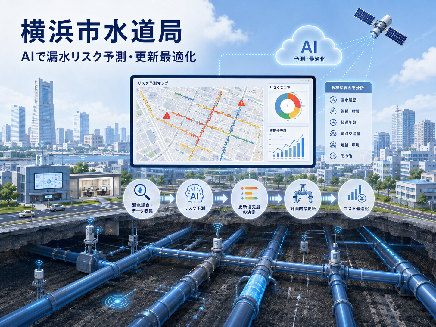 AIで水道管の更新優先度を分析し衛星データで漏水を探すイメージ