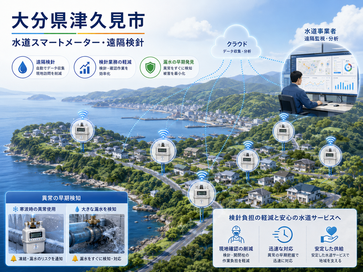 離島の住宅の水道スマートメーターを遠隔検針するイメージ