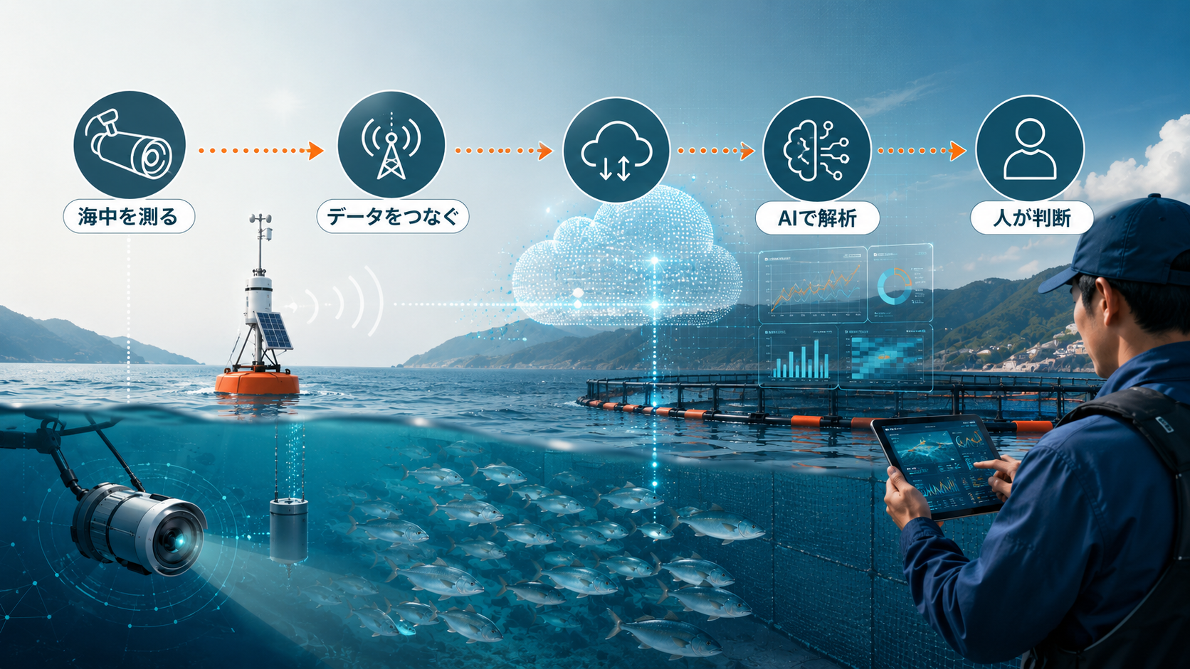 海中を測る・データをつなぐ・AIで解析・人が判断のデータ連携図
