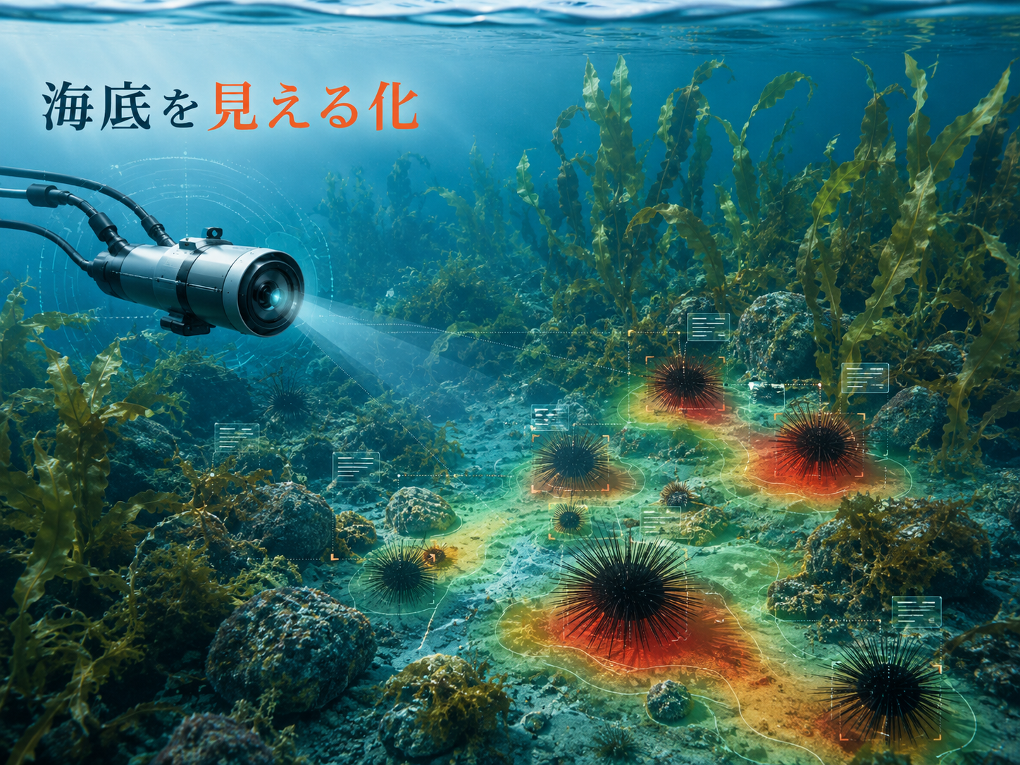 水中モニタリングデバイスで海底のガンガゼを検知しヒートマップ化するイメージ