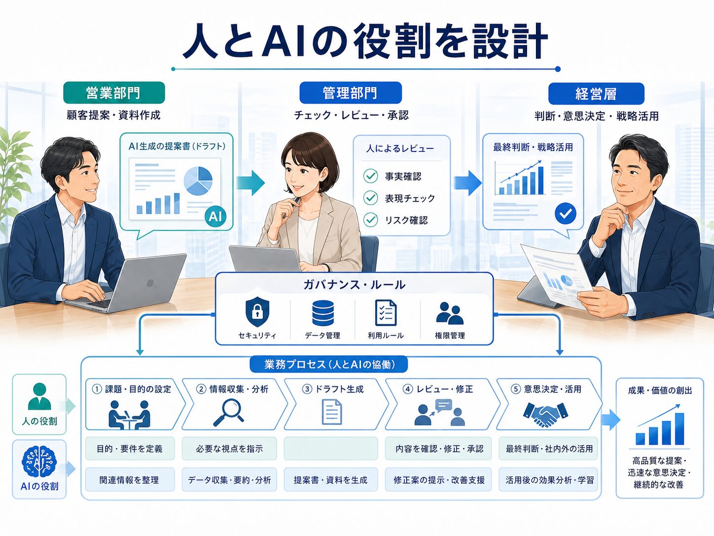 営業・管理部門・経営が生成AIの活用方針を検討する場面