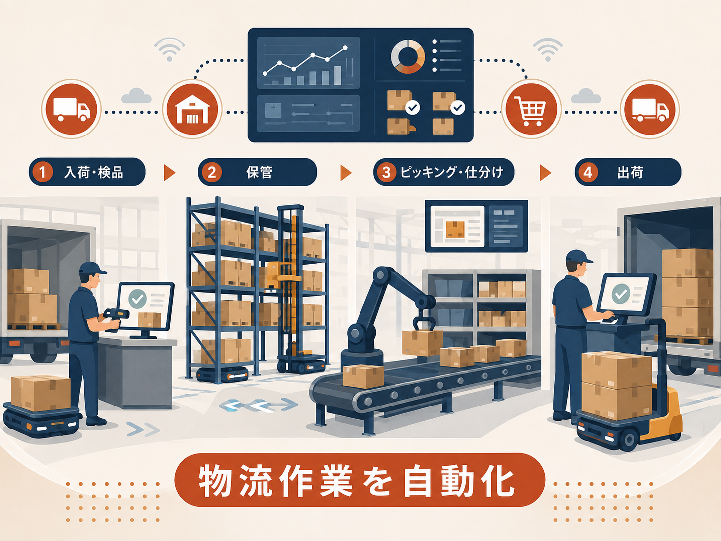 物流センターで商品棚や搬送設備が作業者のもとへ商品を運ぶ自動化のイメージ