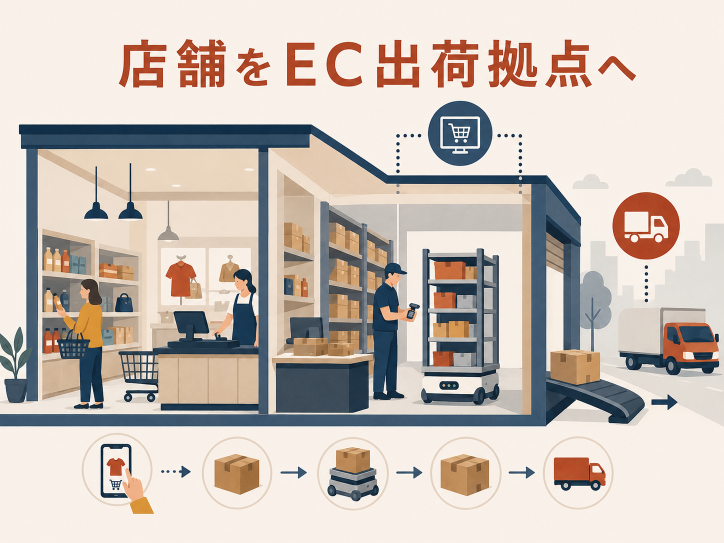 店舗バックヤードからEC注文商品が配送へ流れるマイクロフルフィルメントのイメージ