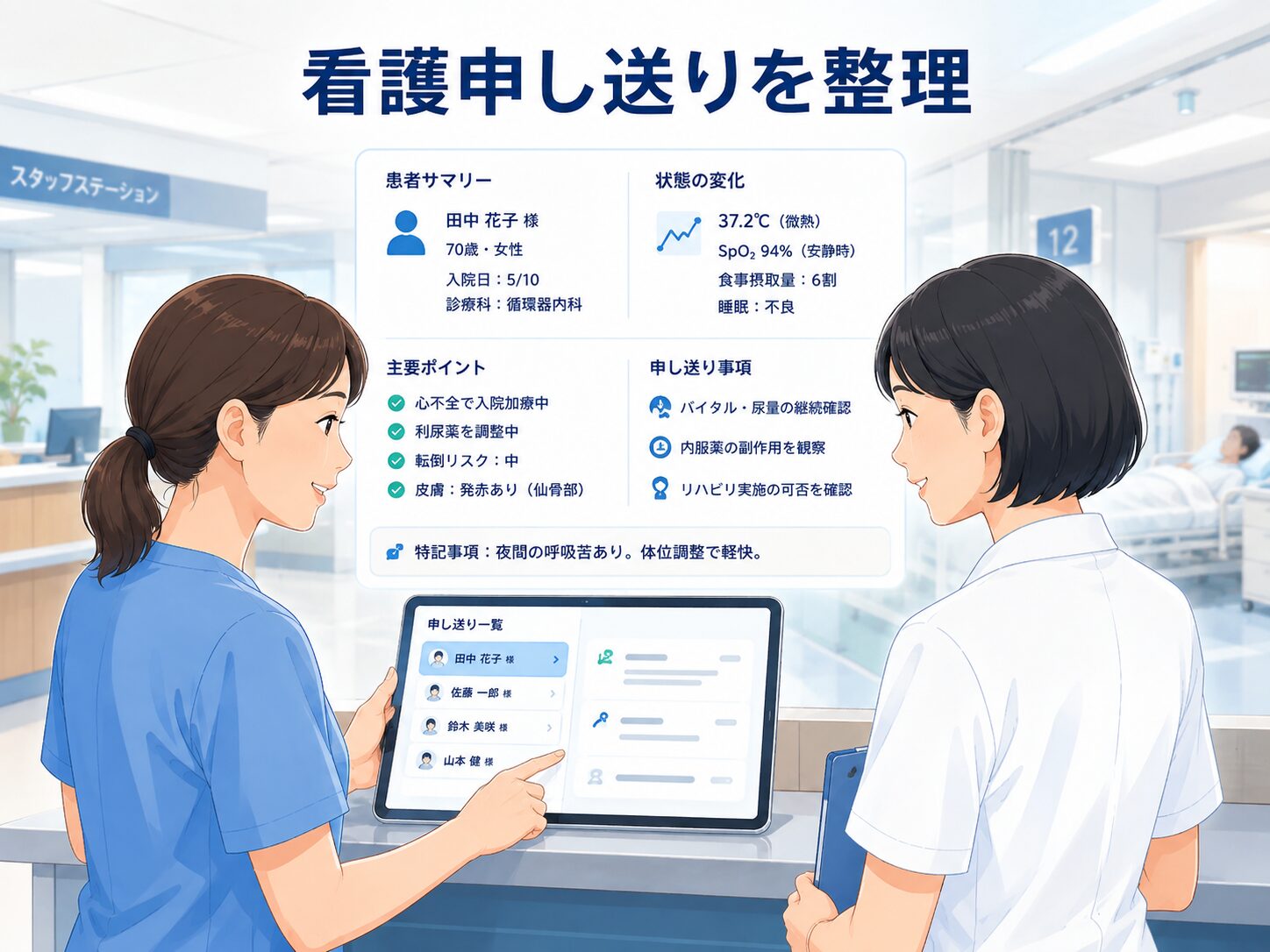 病院の看護申し送りを整理するイメージ