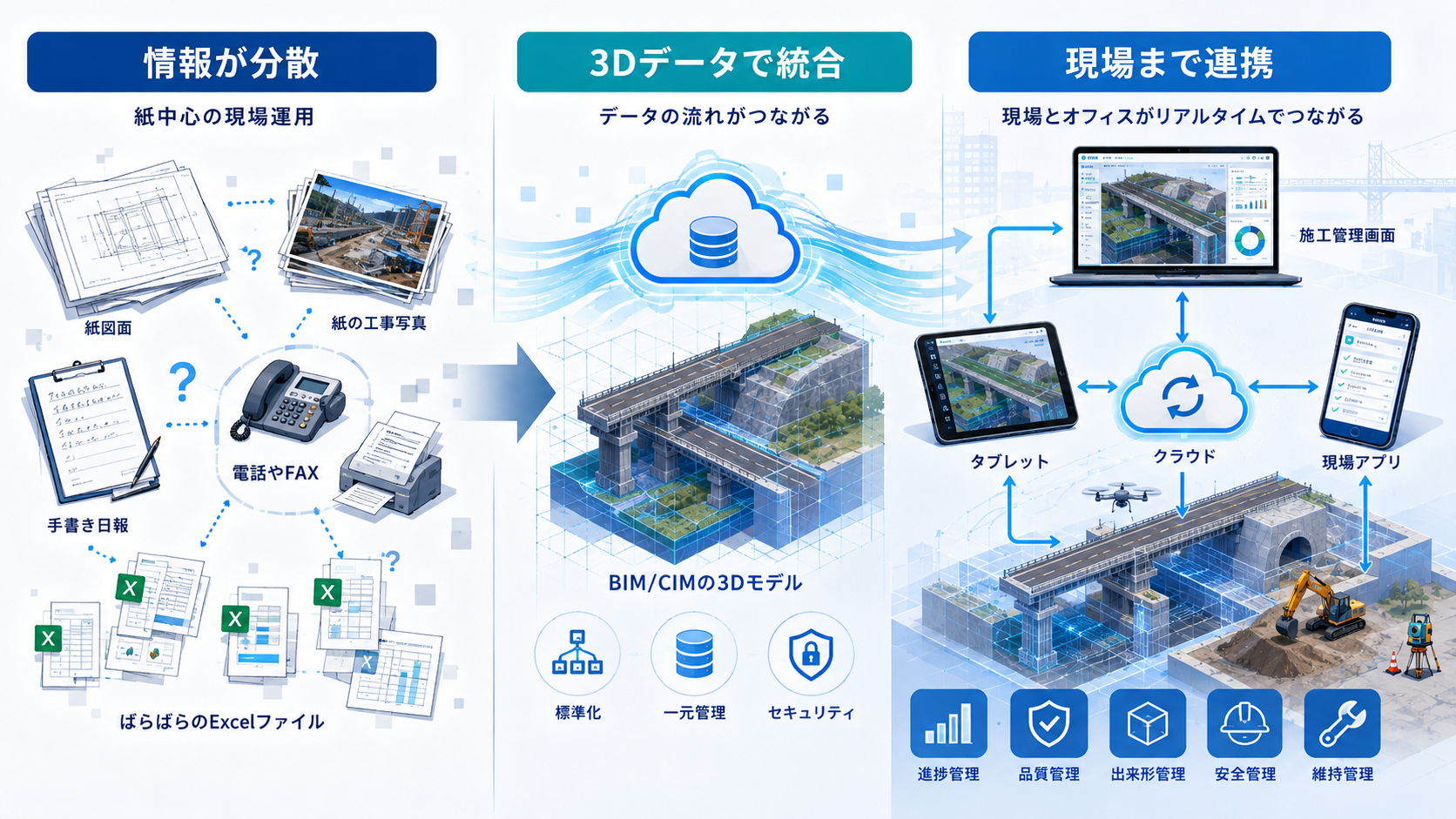 紙中心の現場運用から3Dデータ統合、現場連携へ変わる建設DXの3段階