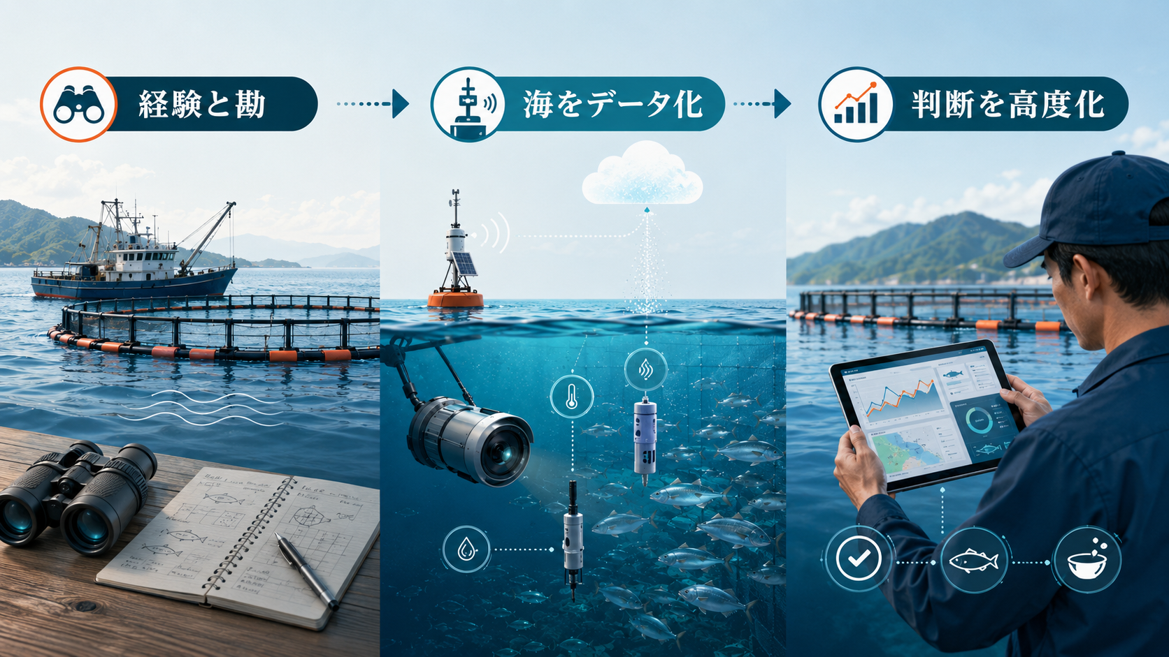 経験と勘から海のデータ化を経て判断を高度化する流れ