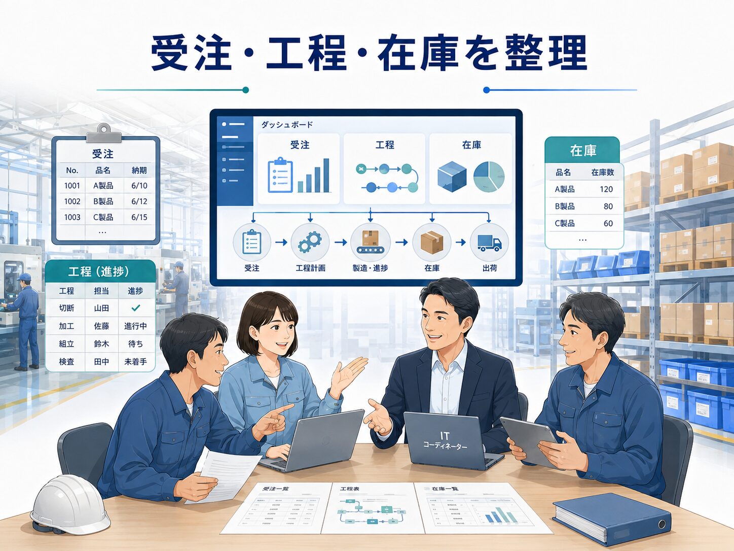 製造業で受注・工程・在庫の業務フローを整理する場面