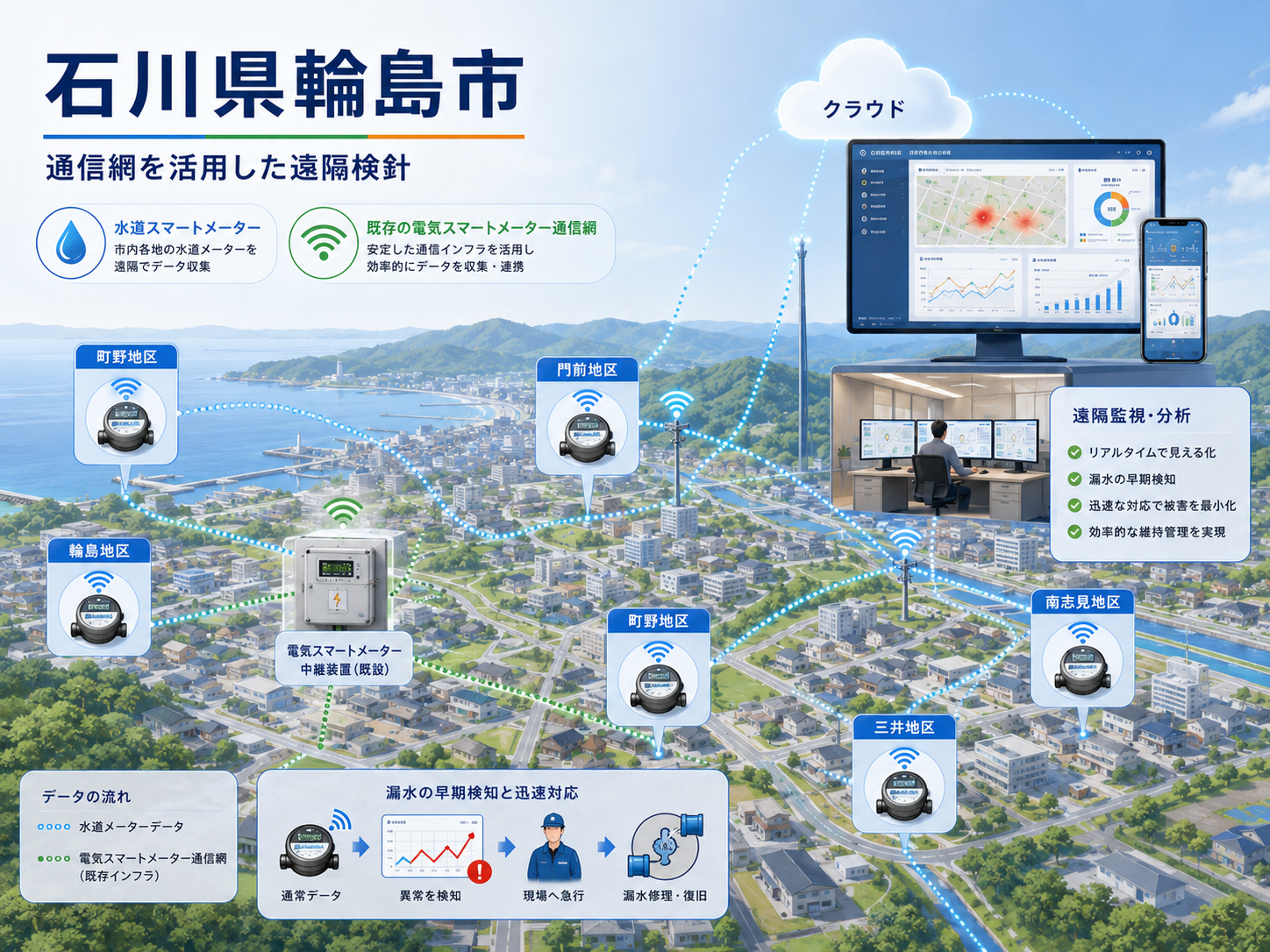 地域の水道スマートメーターを広域遠隔検針するイメージ