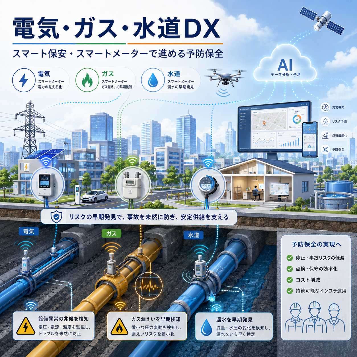 AIとスマートメーターで水道管やガス管を予防保全するイメージ