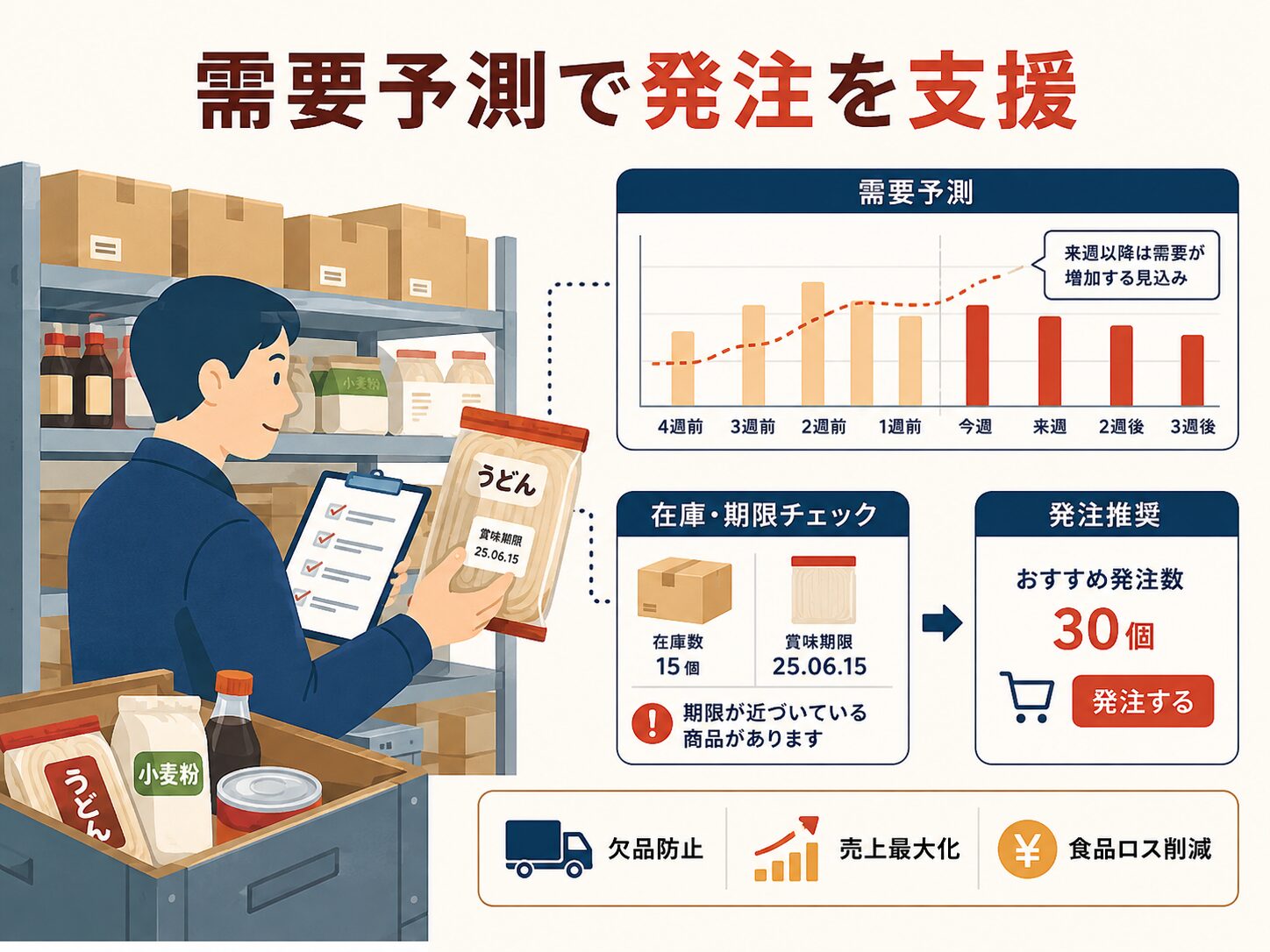 食品の在庫と需要予測を確認して発注候補を判断する活用イメージ