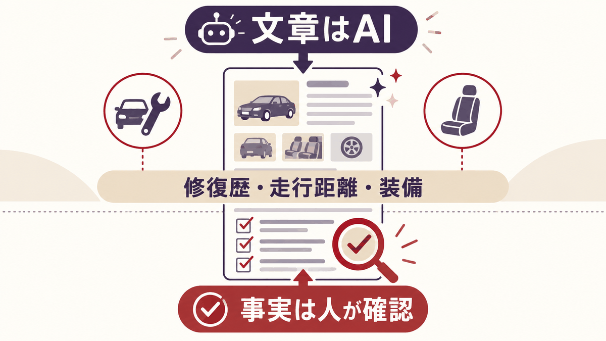 中古車掲載文では文章をAIが下書きし修復歴などを人が確認する図