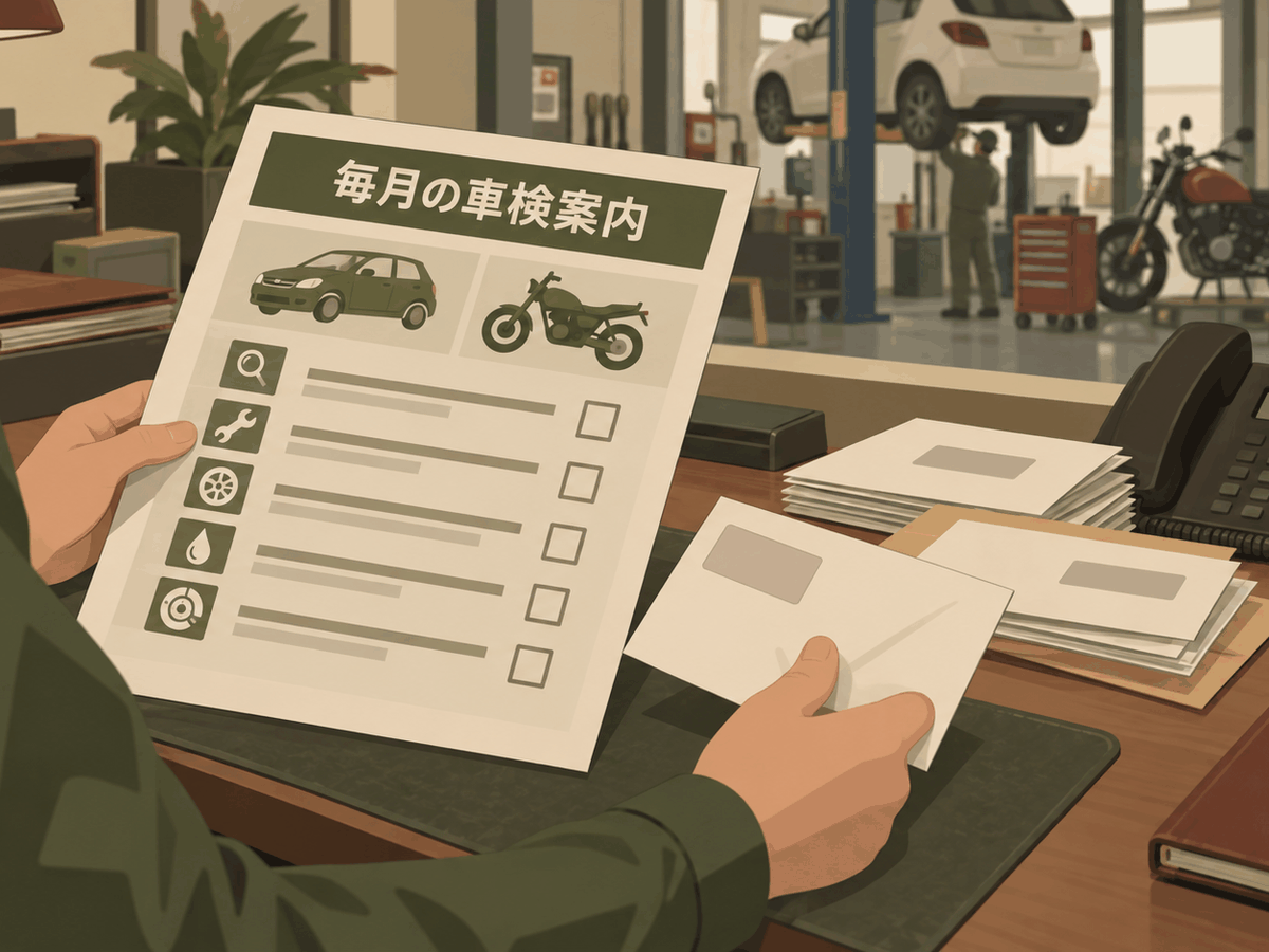 中古車販売店で事務担当者が車検案内のDMと電話対応を行っている様子