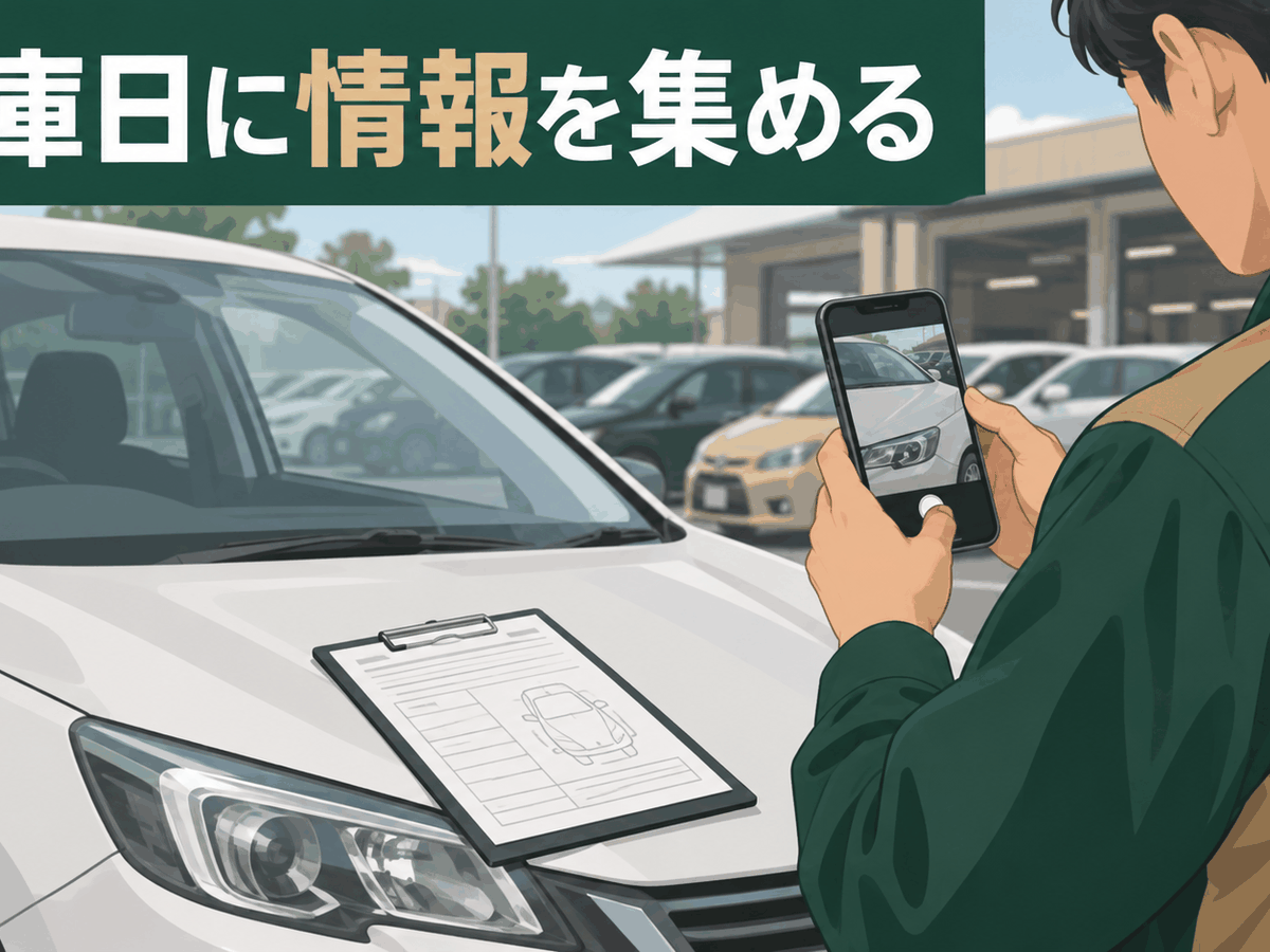 中古車販売店で車両を撮影しながらスマートフォンへ特徴を記録するスタッフ