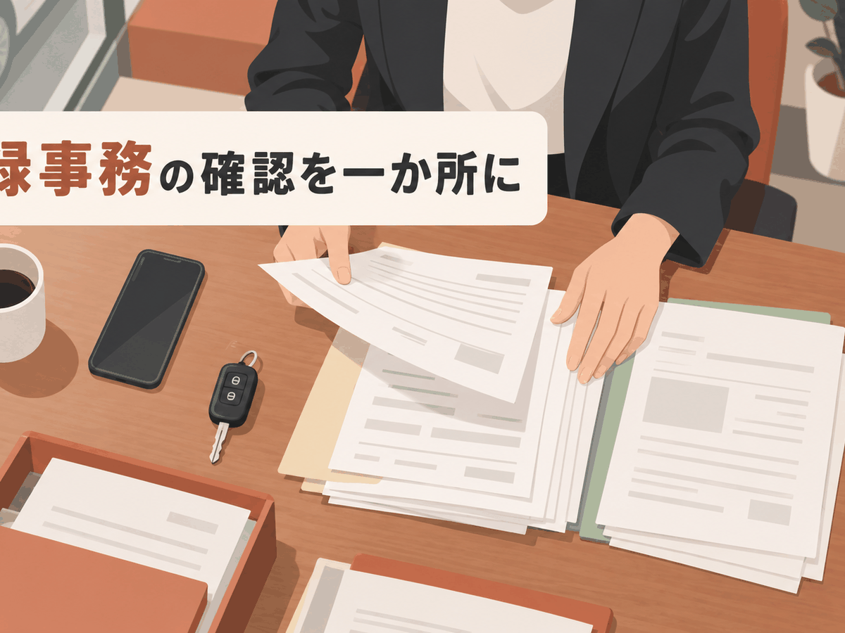 小規模中古車販売店で登録関係書類を確認する事務担当のイメージ