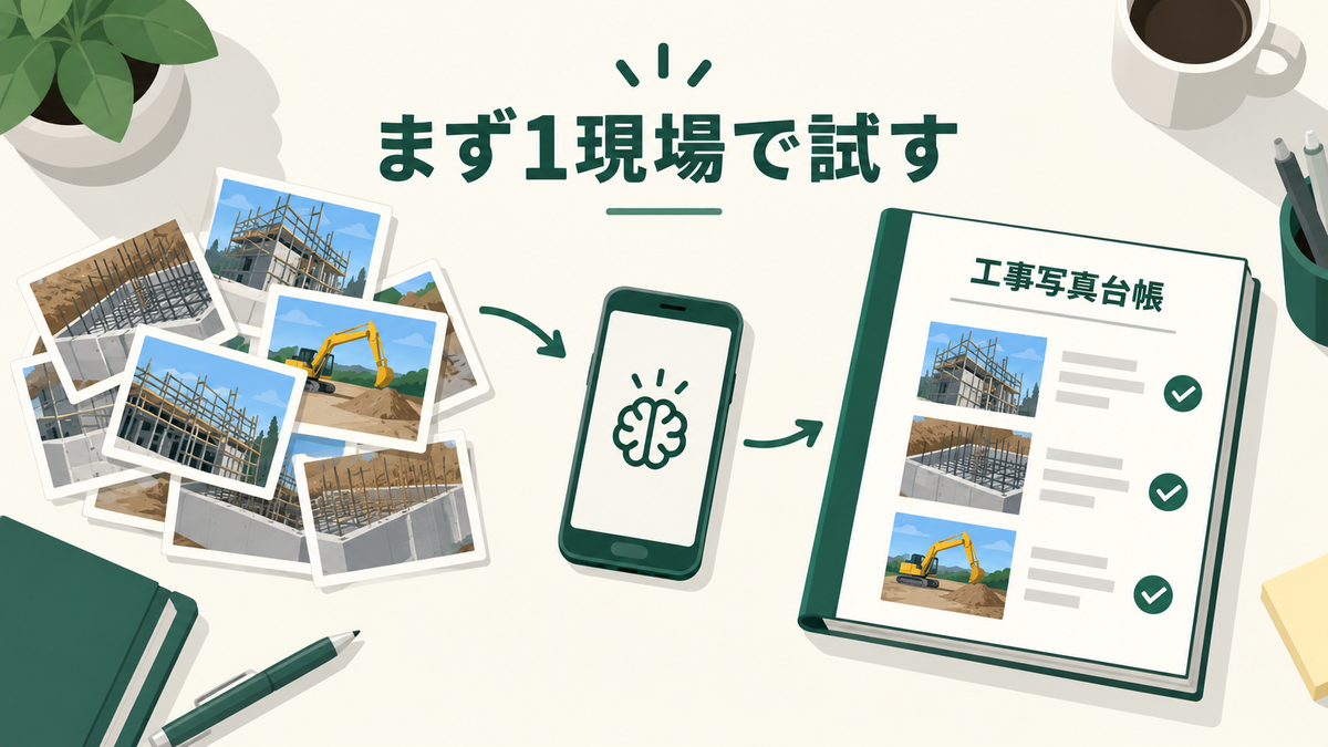 1現場で工事写真のAI整理を試して業務時間を比較するイメージ