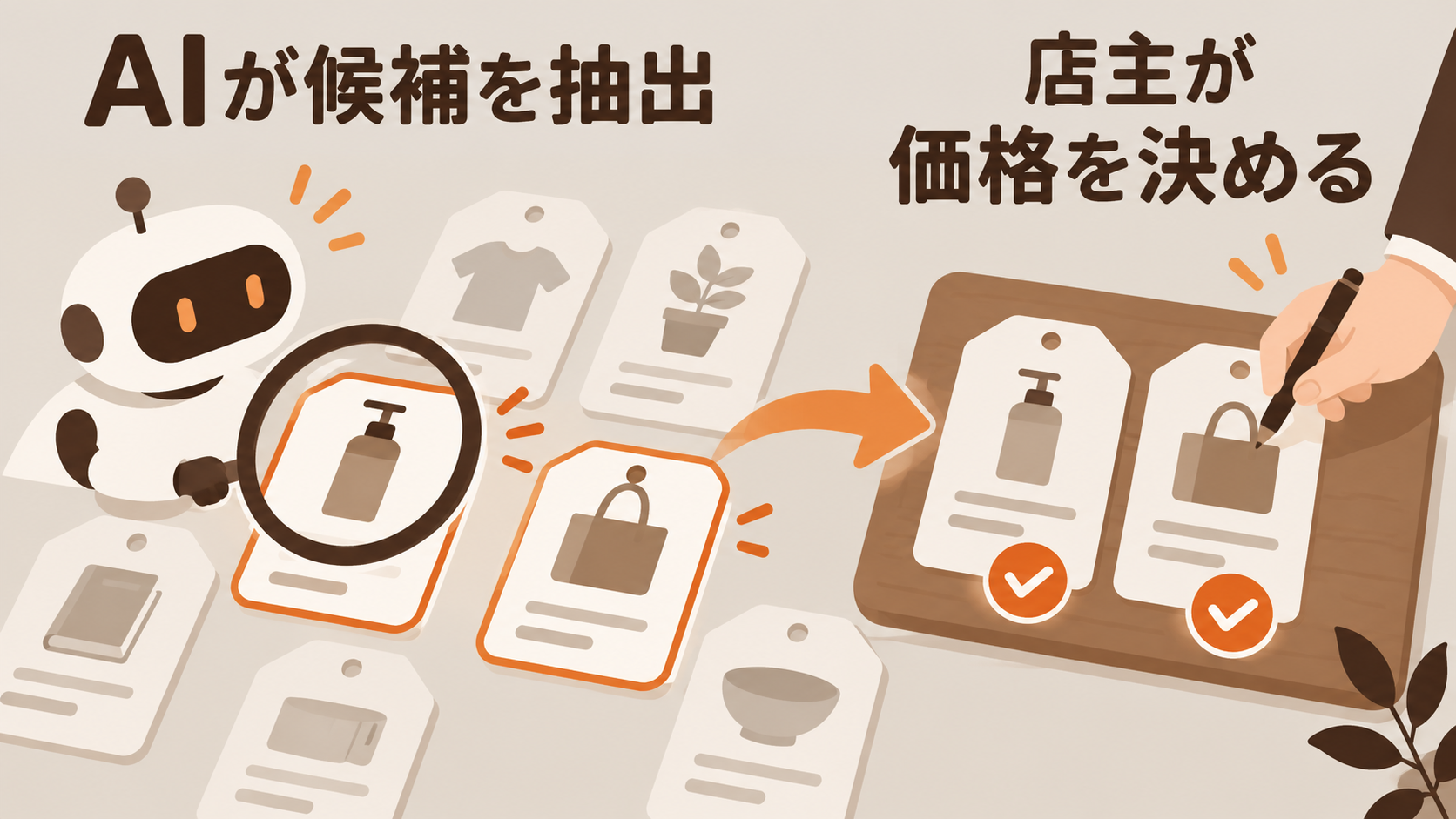 AIが値上げやセールの確認候補を出し店主が最終判断するイメージ