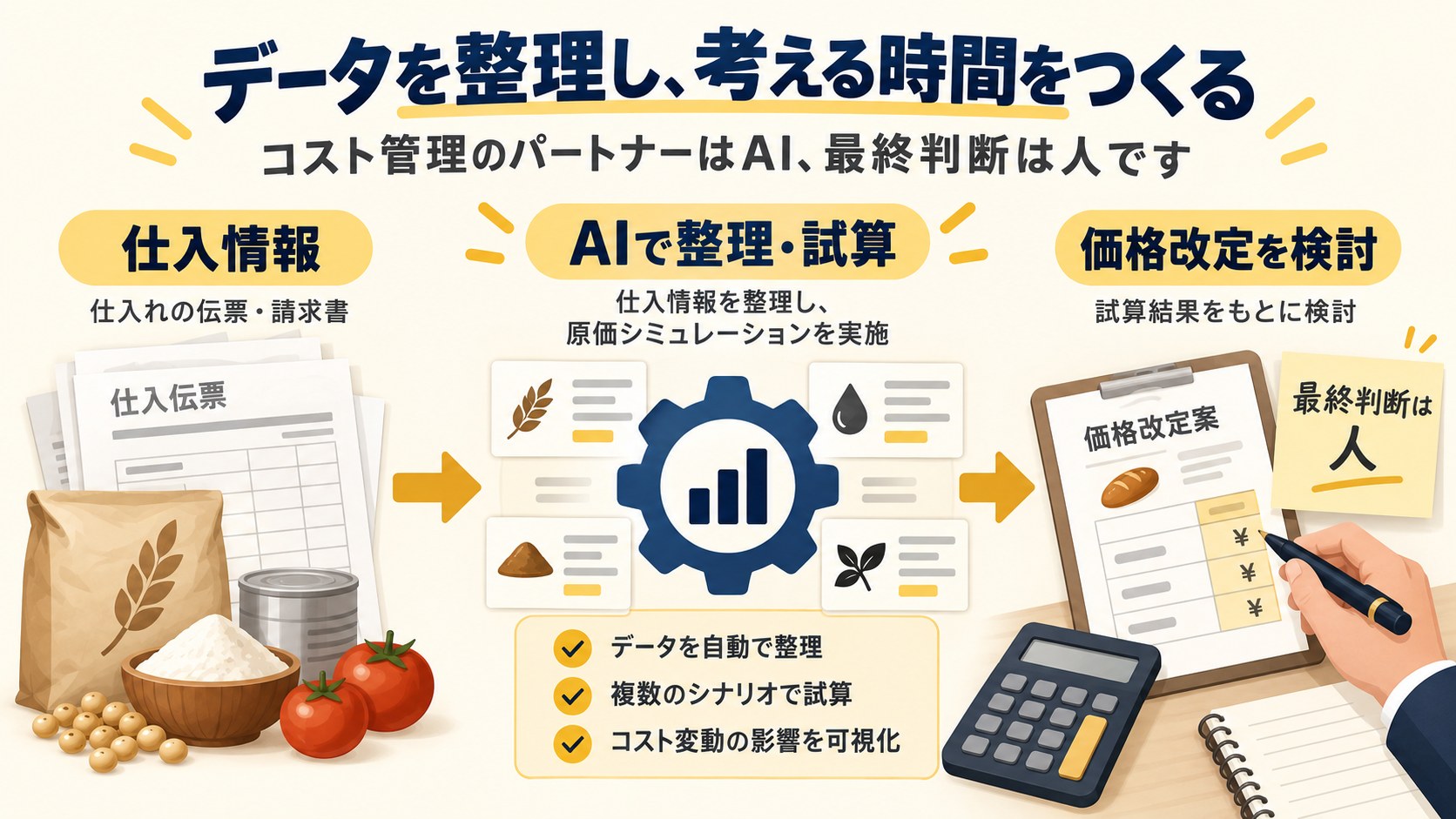 仕入単価更新と価格改定シミュレーションをAIが補助し人が判断する流れ