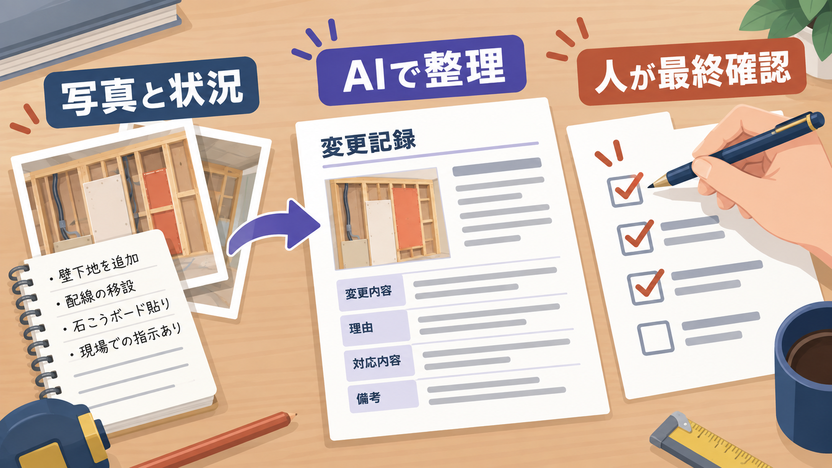 AIが変更内容を整理し担当者が最終確認する業務フロー
