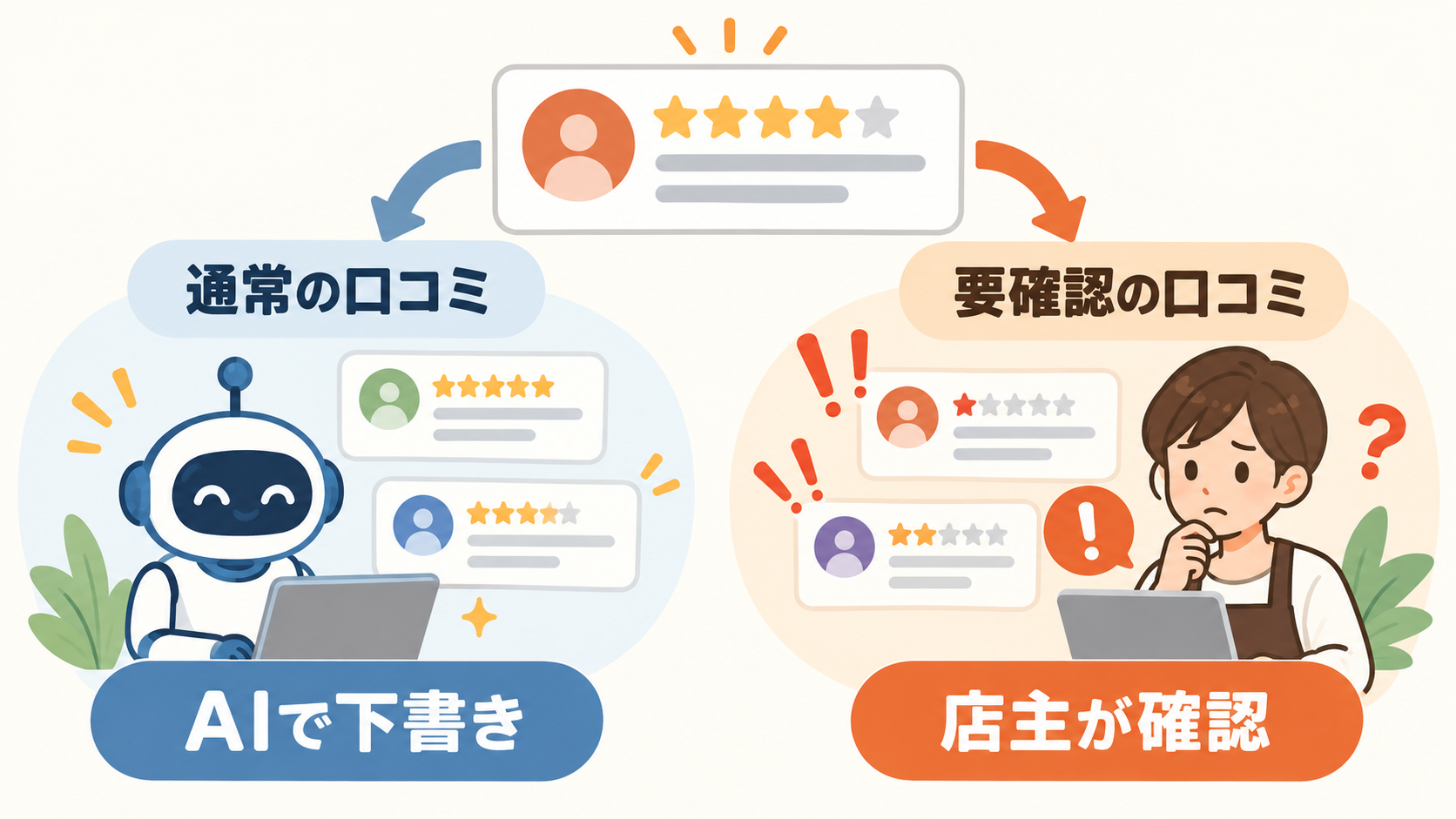 AIに任せる口コミと店主が確認する口コミを分ける図
