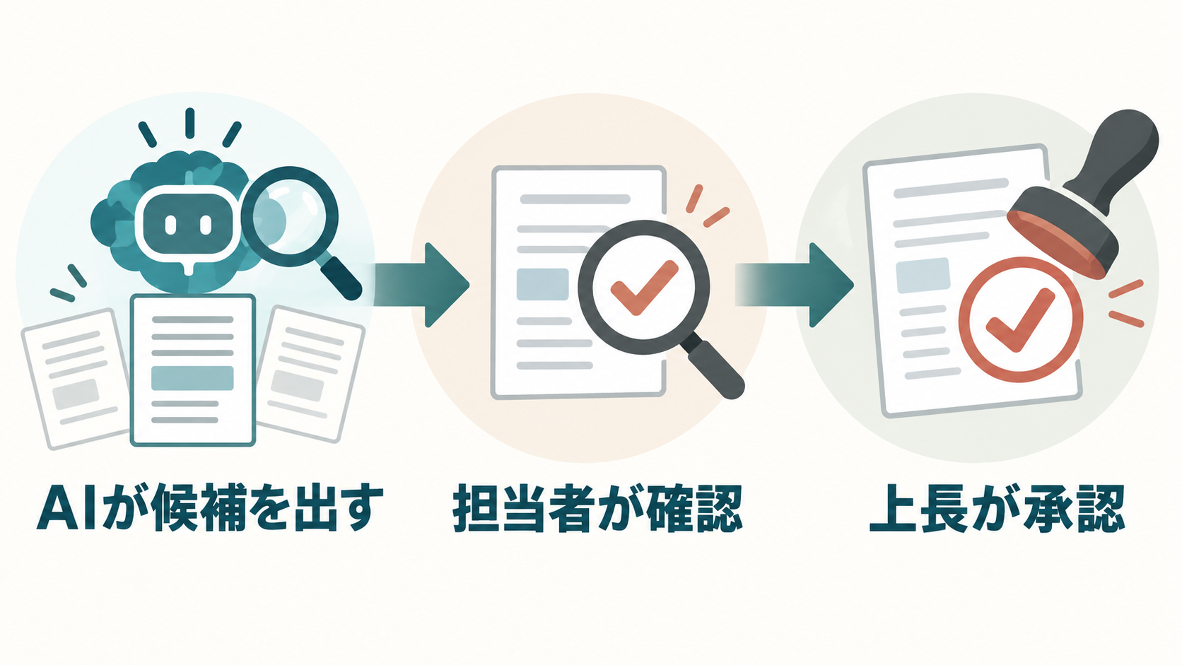 AIが出した見積候補を担当者が確認し上長が承認する流れ