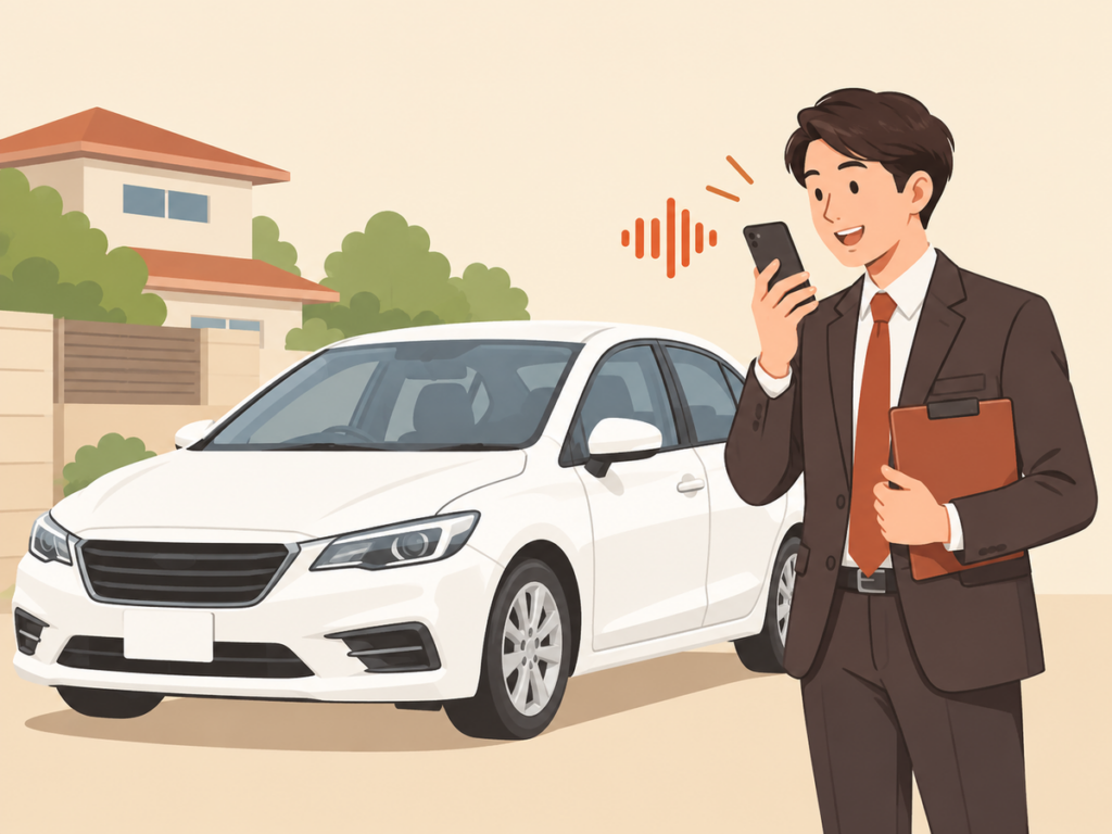 出張査定後に営業担当者がスマートフォンへ査定内容を音声で記録する場面