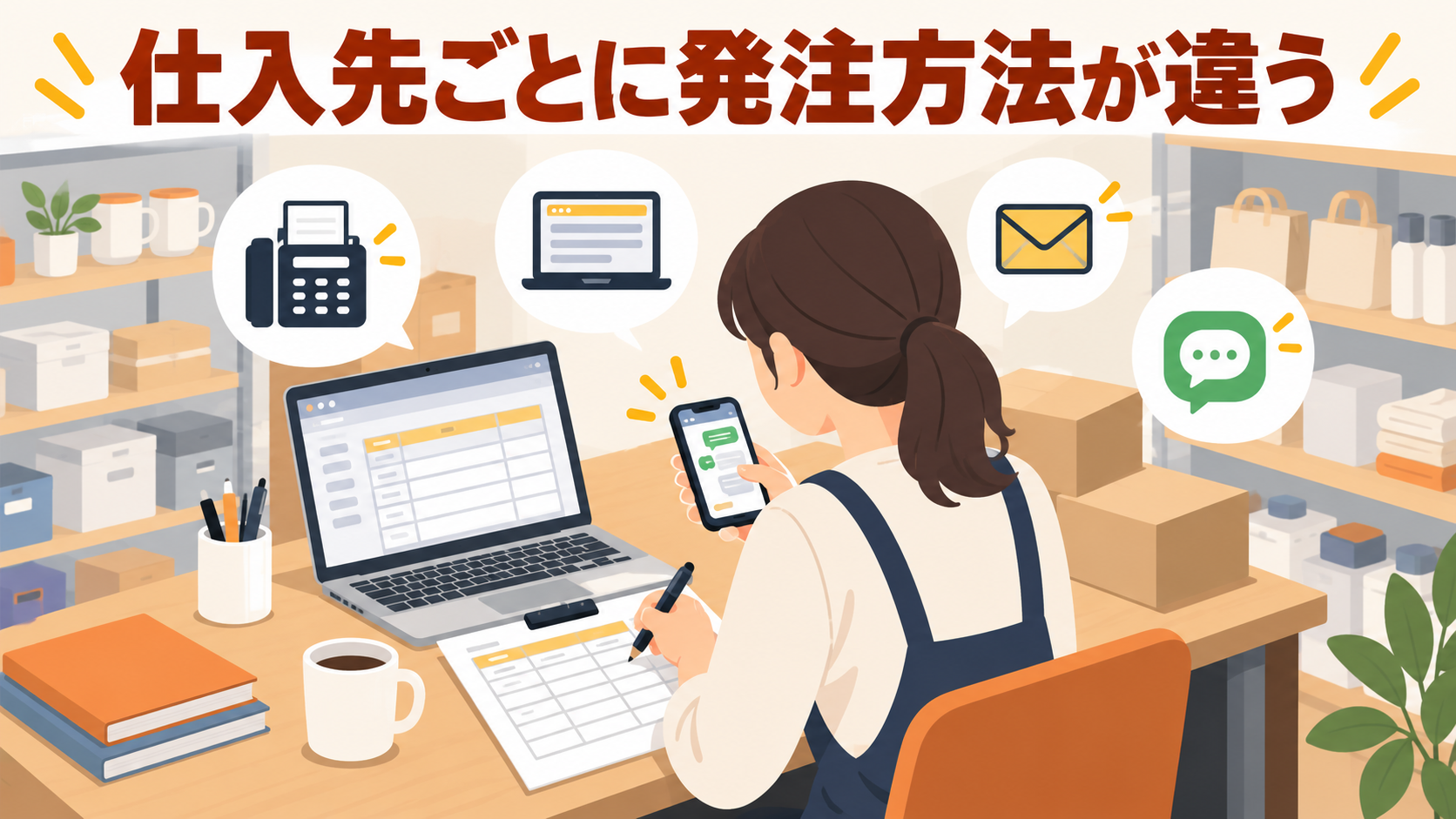 FAXやメールなど複数の方法で仕入先へ発注する雑貨店の業務イメージ