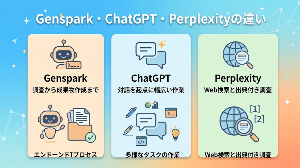画像 GensparkとChatGPT、Perplexityの違いを比較した図。それぞれの特徴と向いている用途