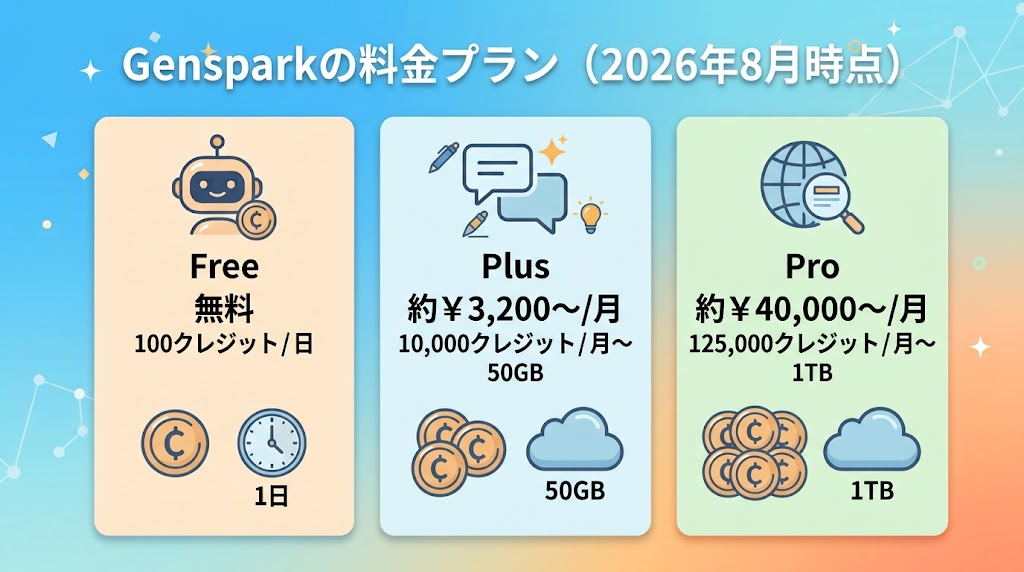 画像 Gensparkの料金プラン比較。Free・Plus・Proの月額料金とクレジット数、ストレージ容量