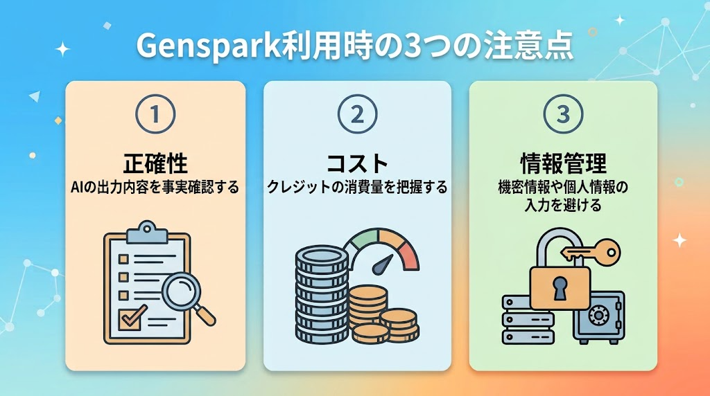 画像 Genspark利用時の3つの注意点。正確性・コスト・情報管理
