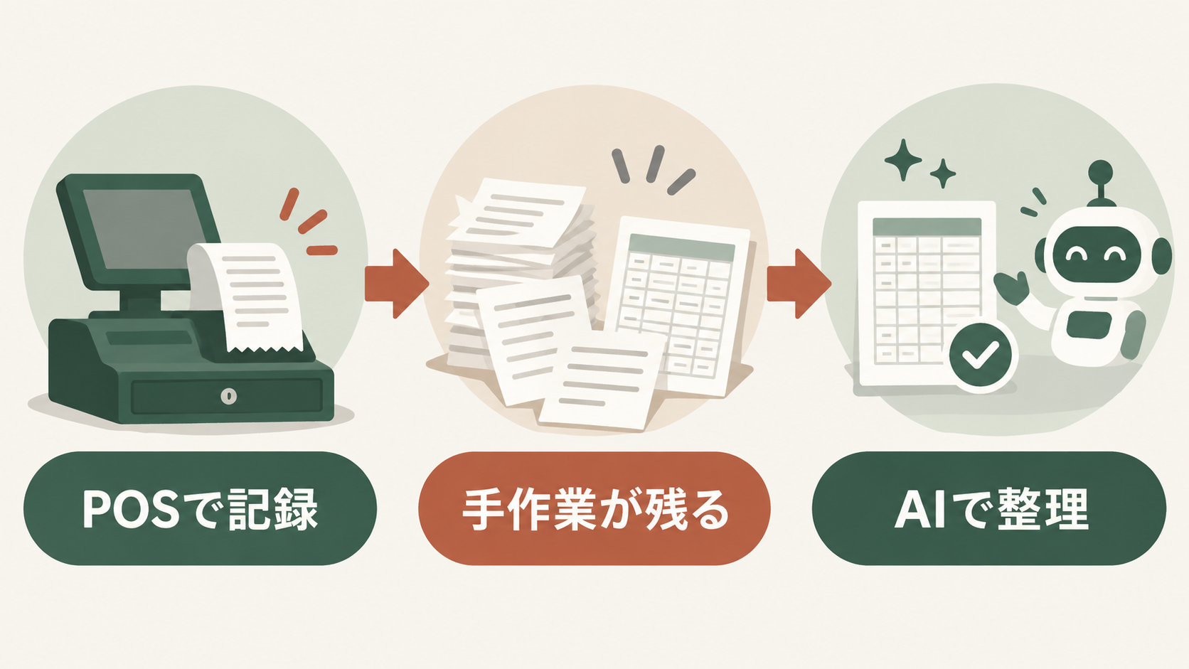POSで記録し残る手作業をAIで整理する3段階の流れ