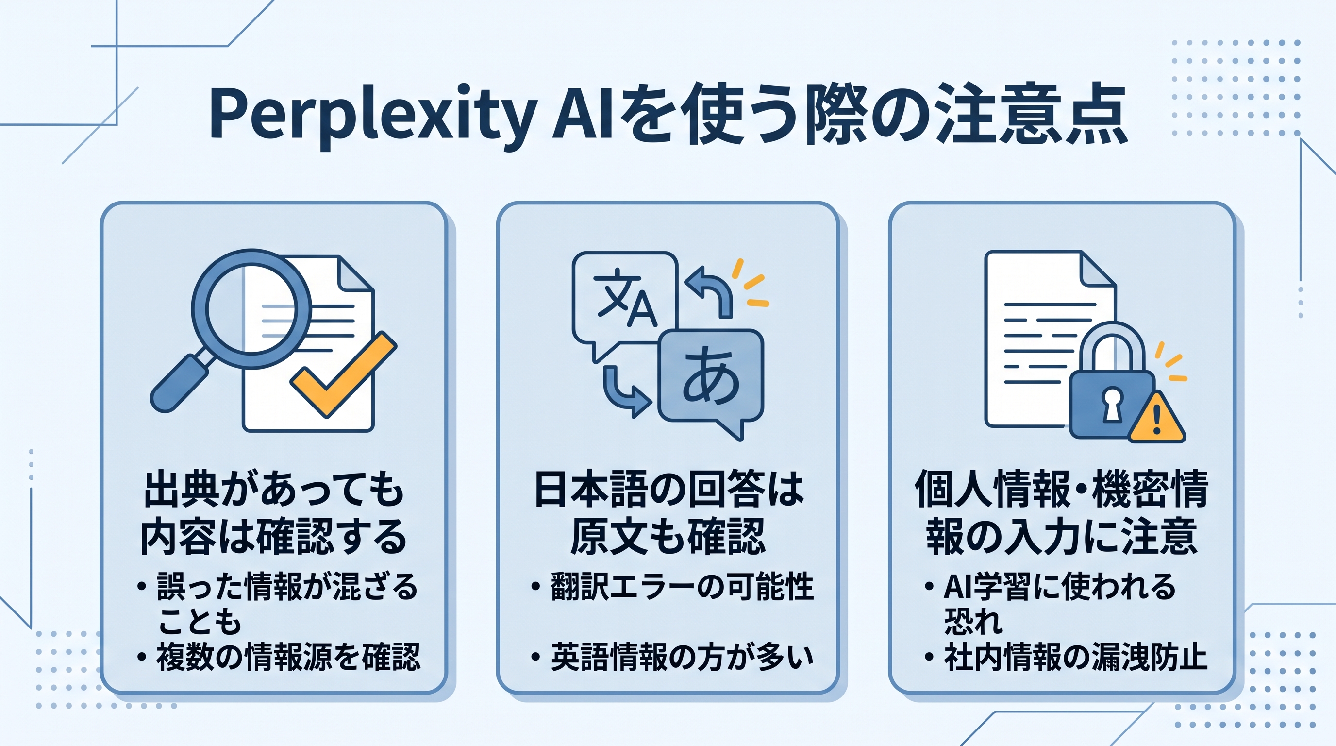 画像 出典の内容確認・日本語回答の原文確認・個人情報や機密情報の入力注意というPerplexity AIを使う際の注意点