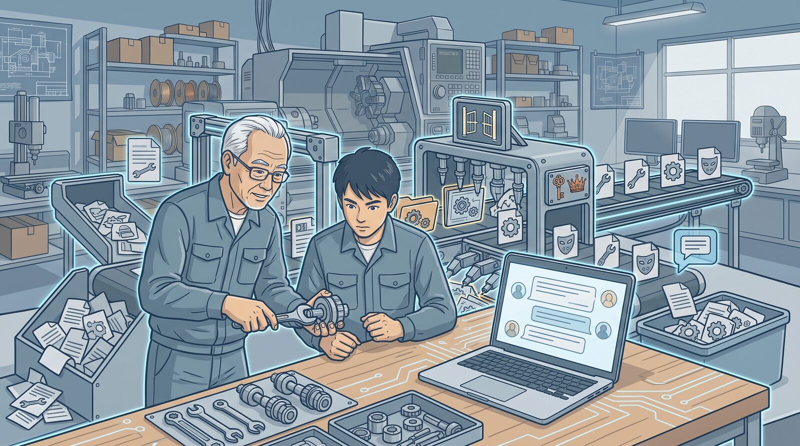 新入社員に仕事を教える先輩社員と、パソコン画面のAIチャットを重ねて示した概念図