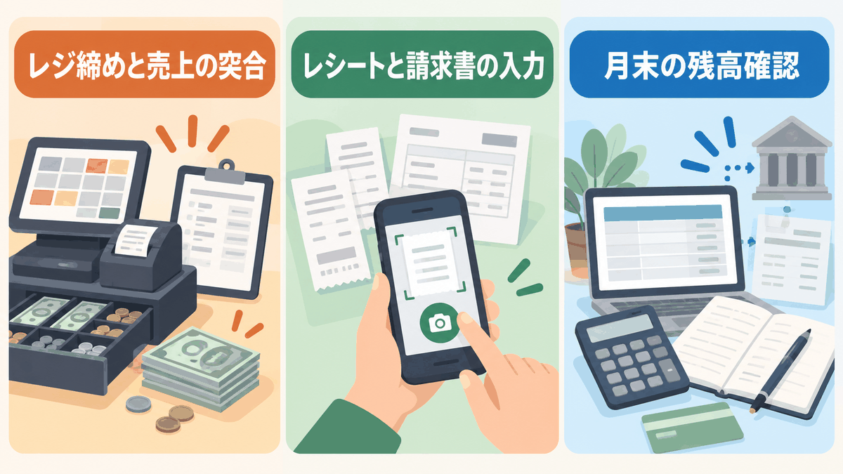飲食店の経理で時間を食っているレジ締めと売上の突合・レシートと請求書の入力・月末の残高確認の図